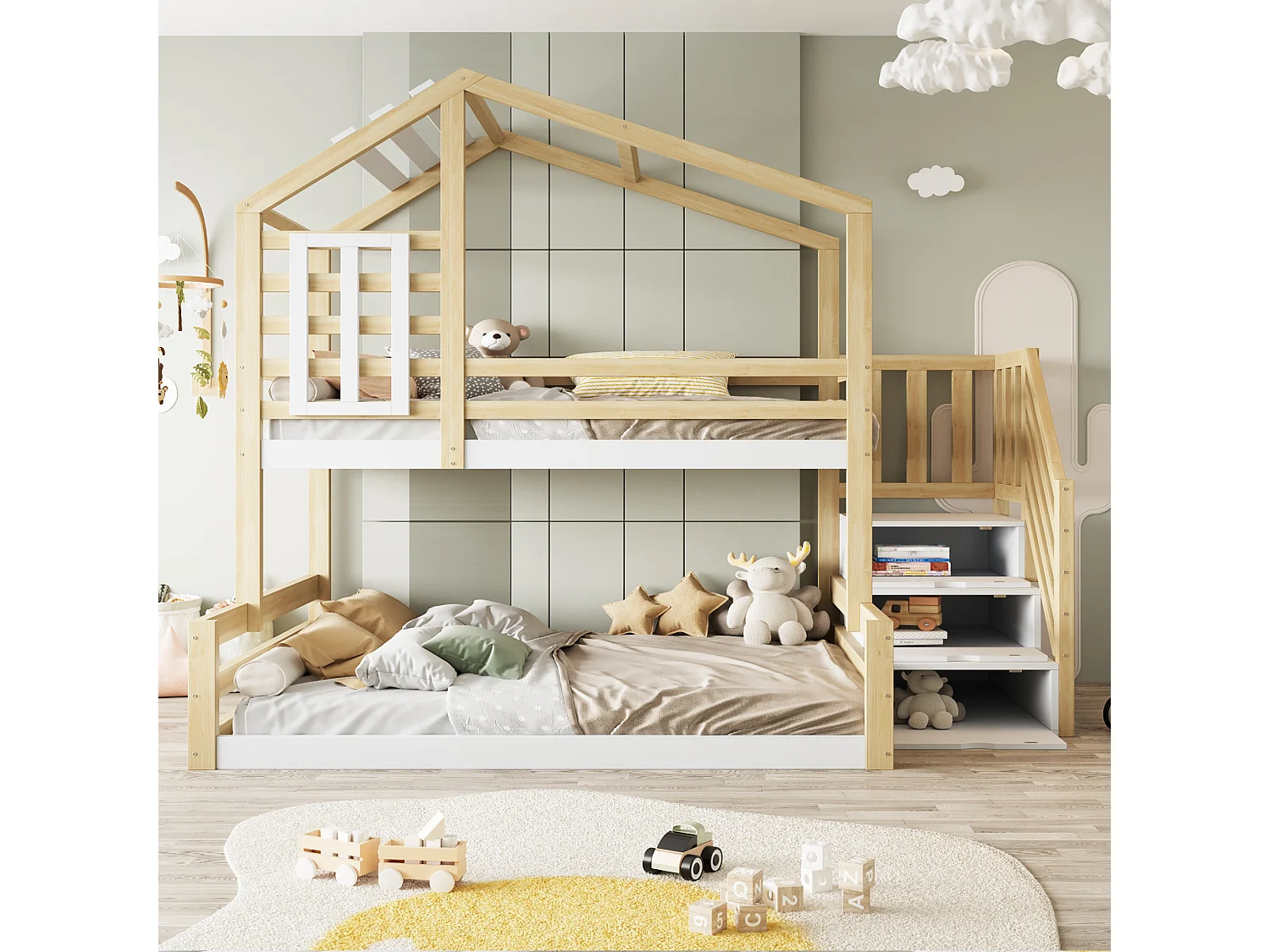 Etagenbetten 2 x 90 x 200 cm mit 3 Schubladen und Fenster – Kiefer + MDF – Naturholz und weiße Farben