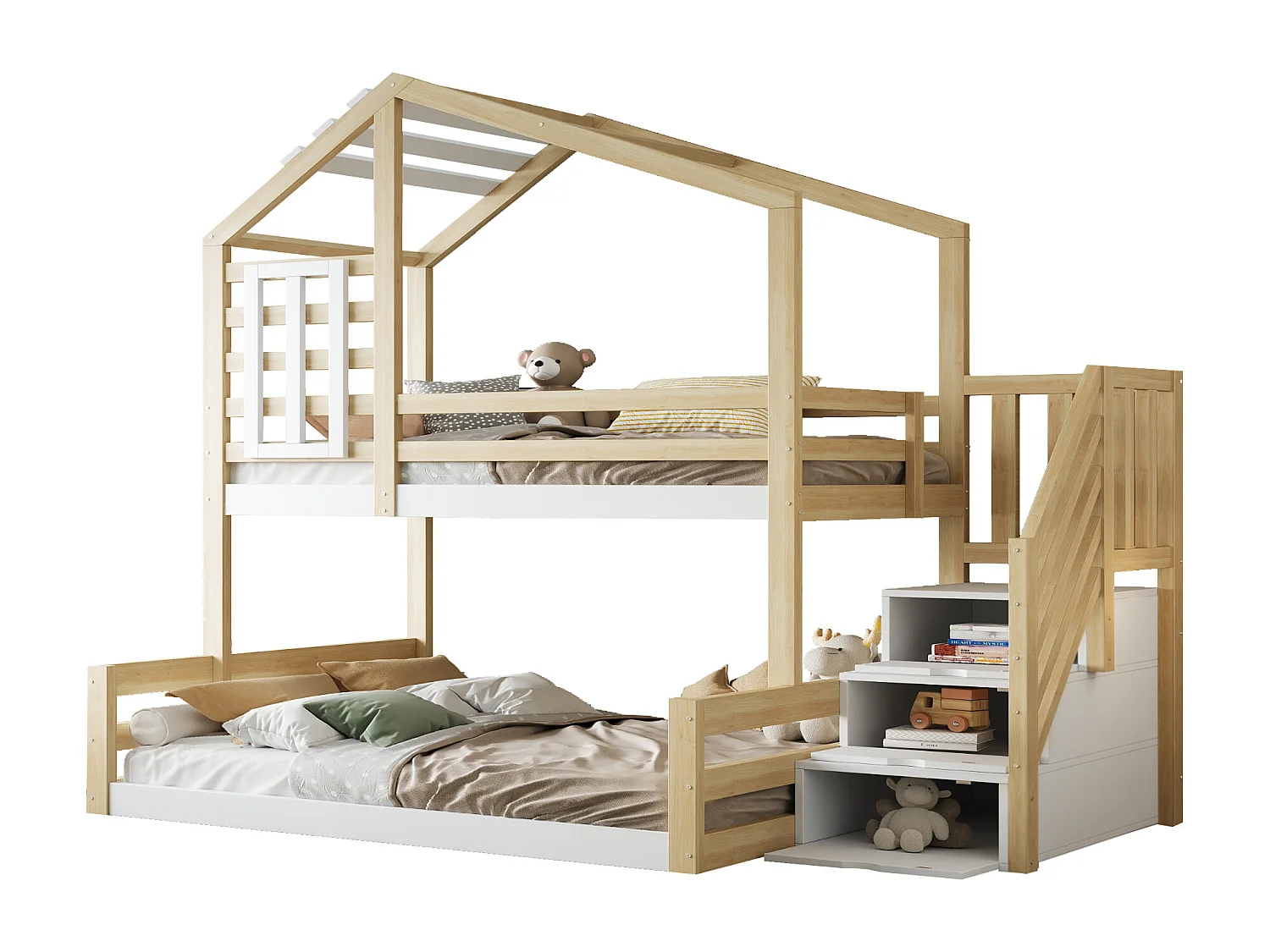 Etagenbetten 2 x 90 x 200 cm mit 3 Schubladen und Fenster – Kiefer + MDF – Naturholz und weiße Farben