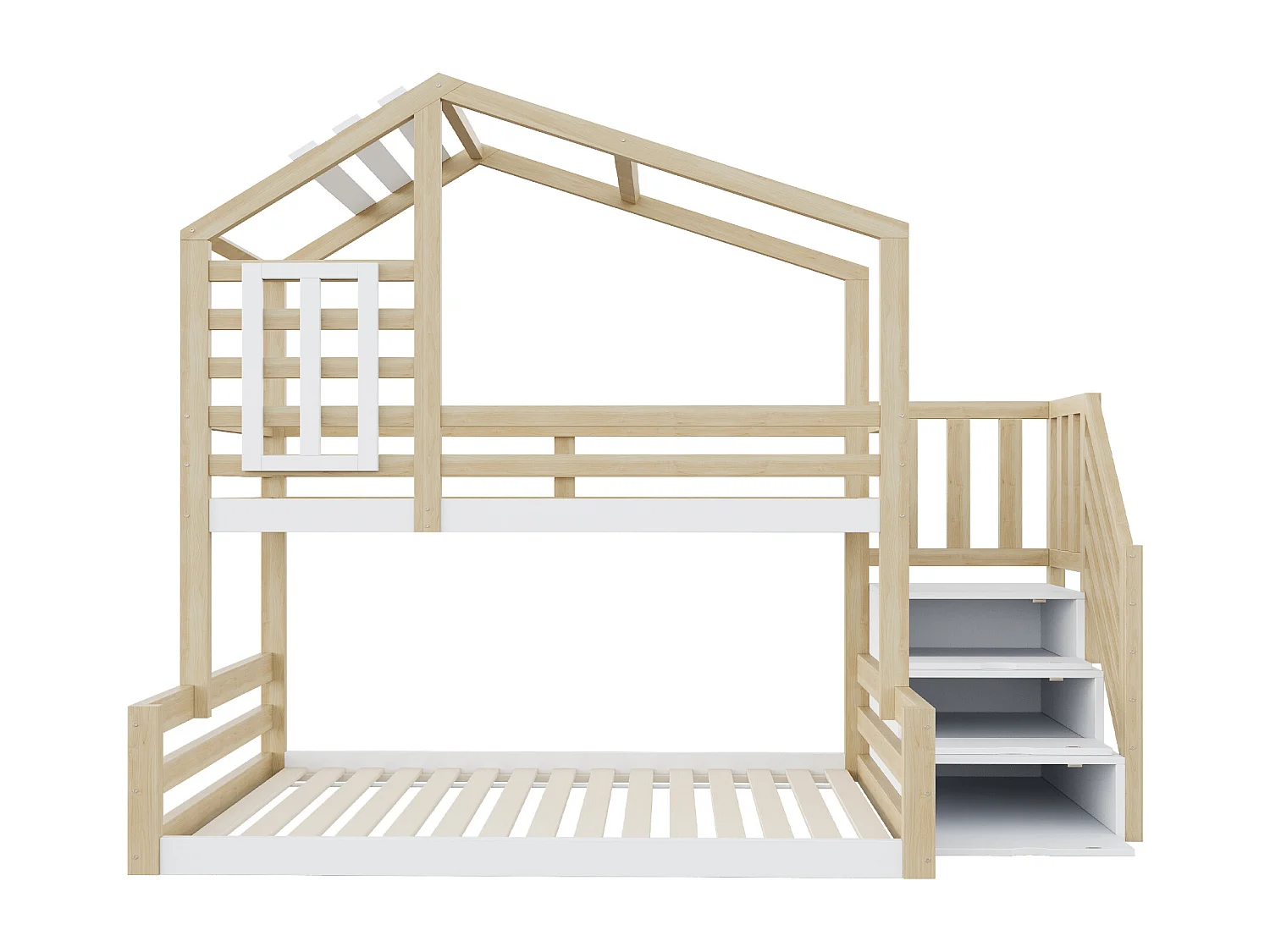 Etagenbetten 2 x 90 x 200 cm mit 3 Schubladen und Fenster – Kiefer + MDF – Naturholz und weiße Farben