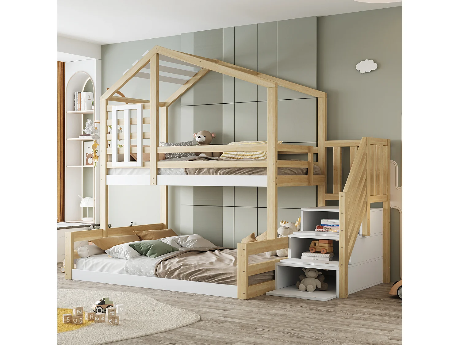 Lits superposés 2 x 90 x 200 cm avec 3 tiroirs et fenêtre - Pin + MDF - Coloris bois naturel et blanc