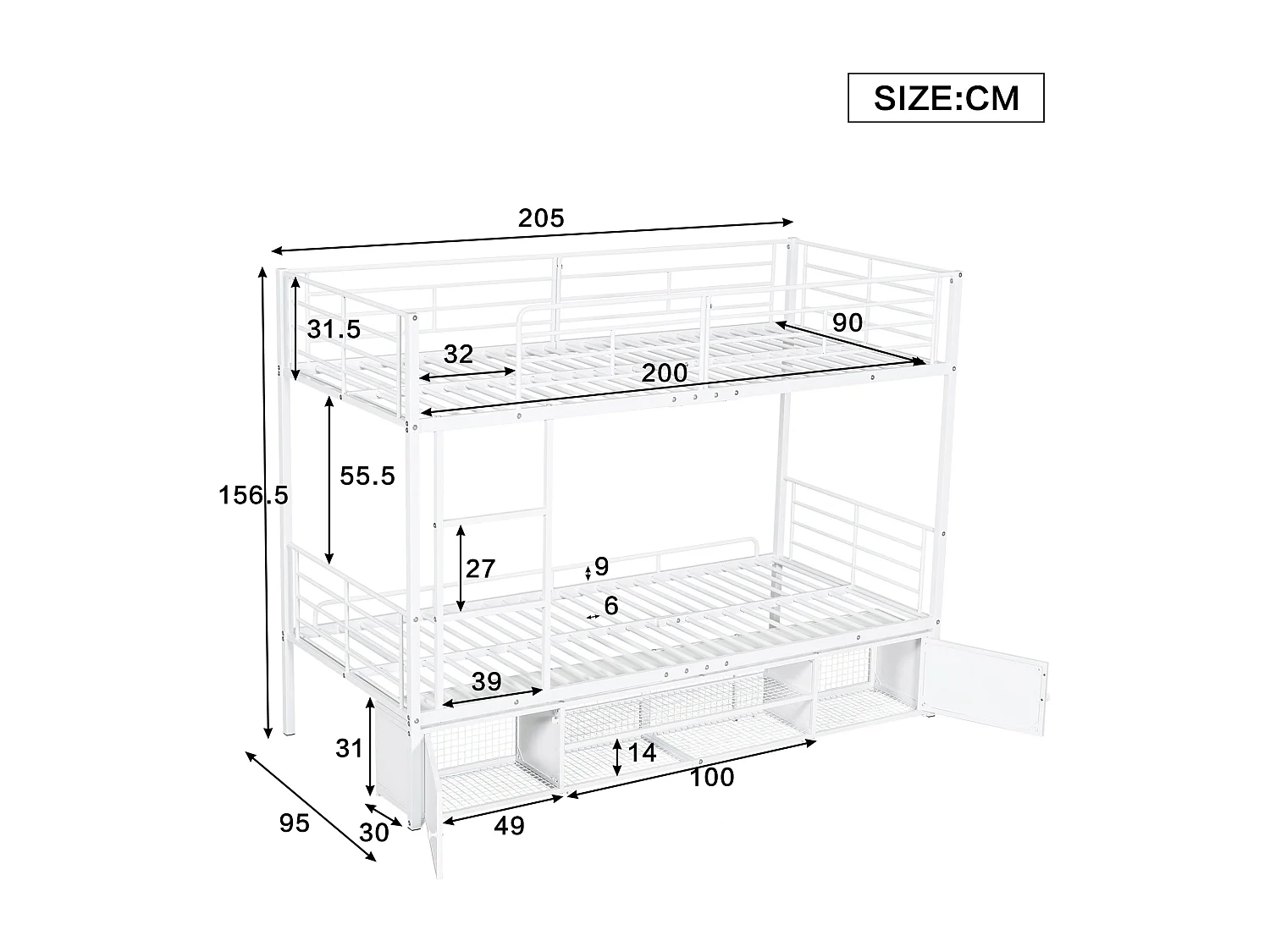 Lits superposés 2 x 90 x 200 cm avec 2 portes et 2 étagères - Métal - Coloris Blanc (Sans matelas)