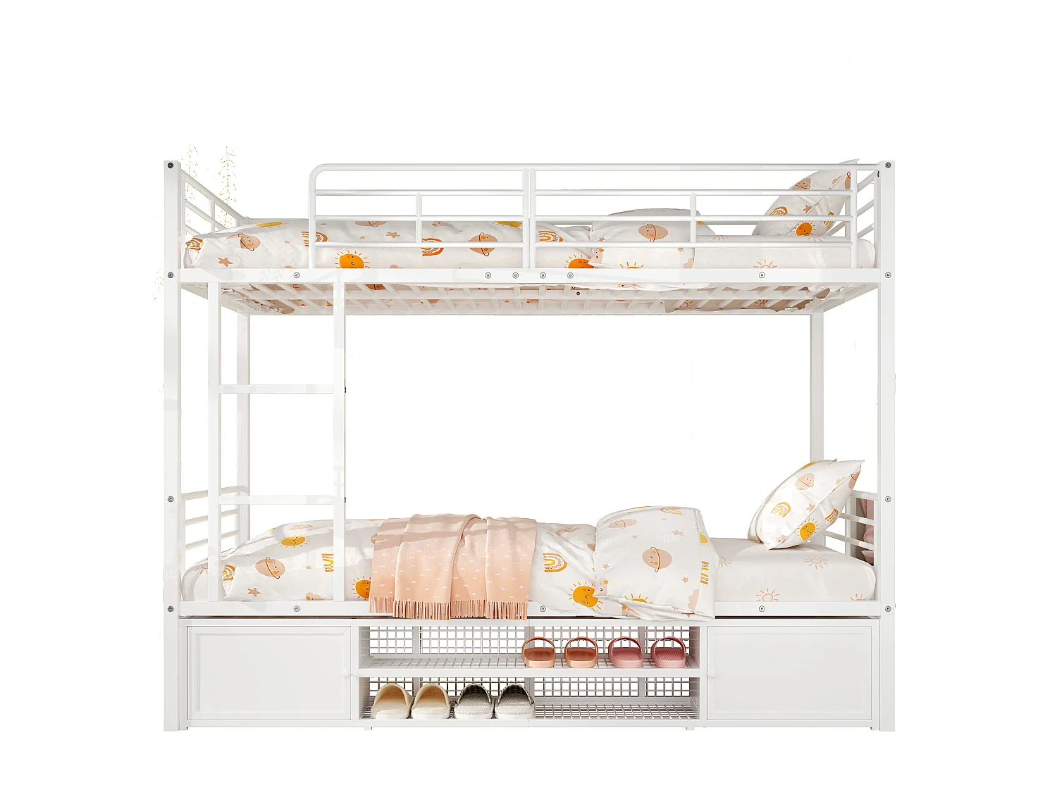 Lits superposés 2 x 90 x 200 cm avec 2 portes et 2 étagères - Métal - Coloris Blanc (Sans matelas)