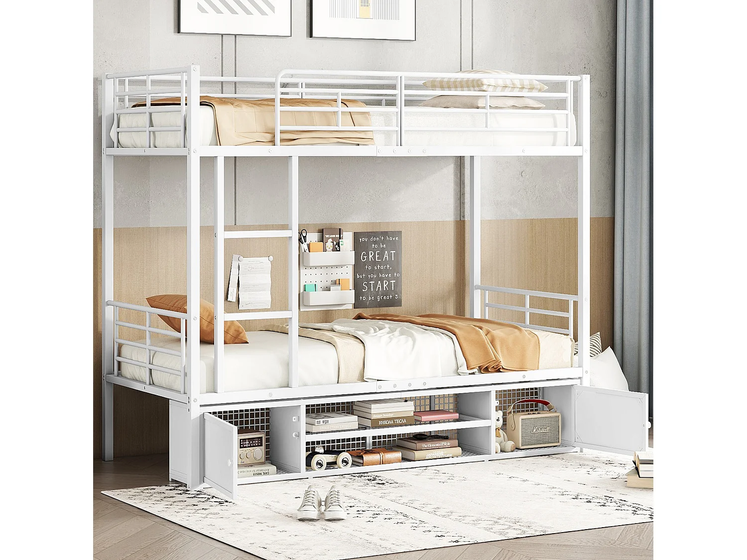 Letti a castello 2 x 90 x 200 cm con 2 ante e 2 ripiani - Metallo - Colore bianco (Senza materasso)