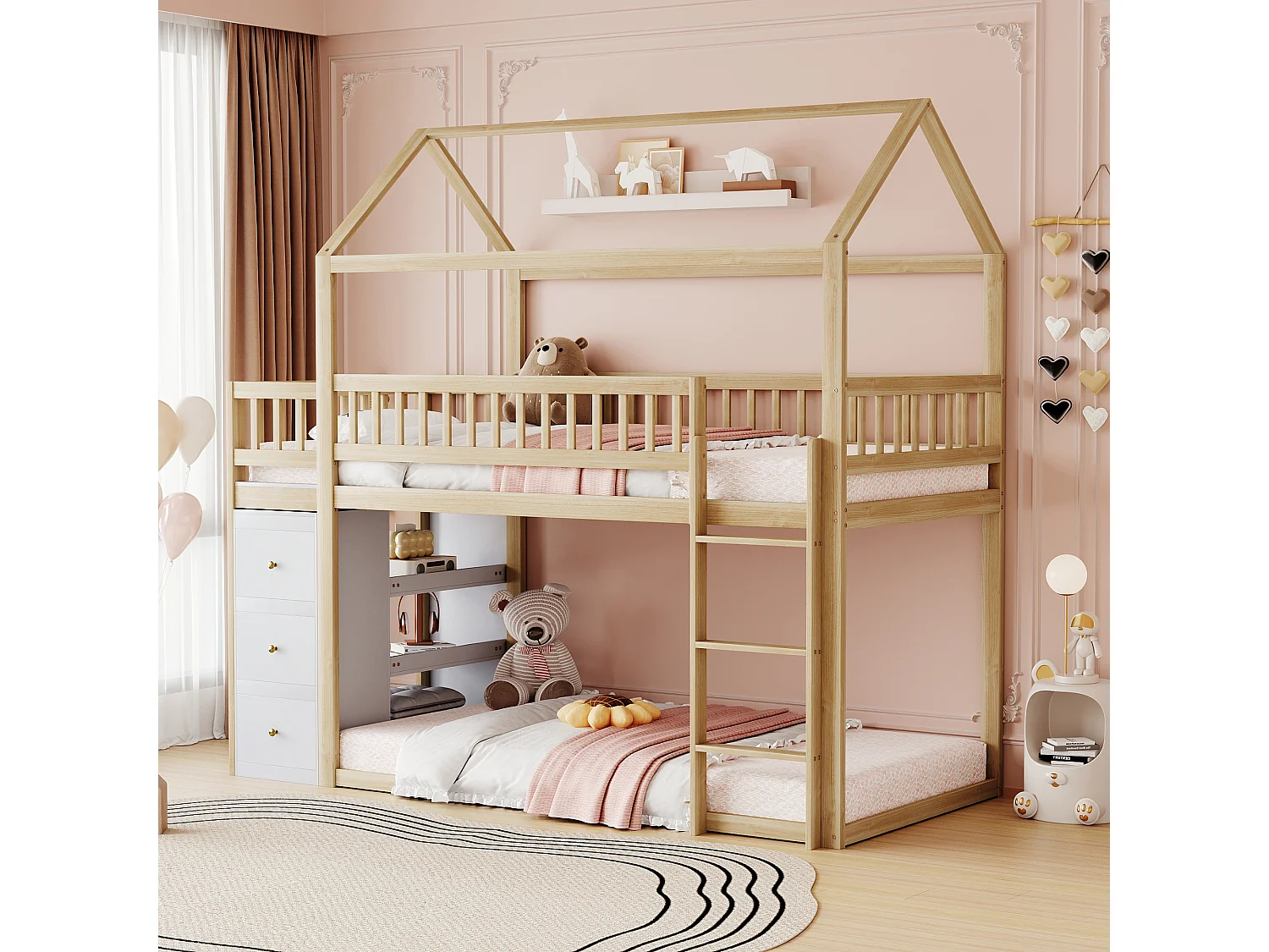 Letti a castello 2 x 90 x 200 cm con 3 cassetti e 3 ripiani portaoggetti - Pino + compensato + MDF - Colore legno naturale