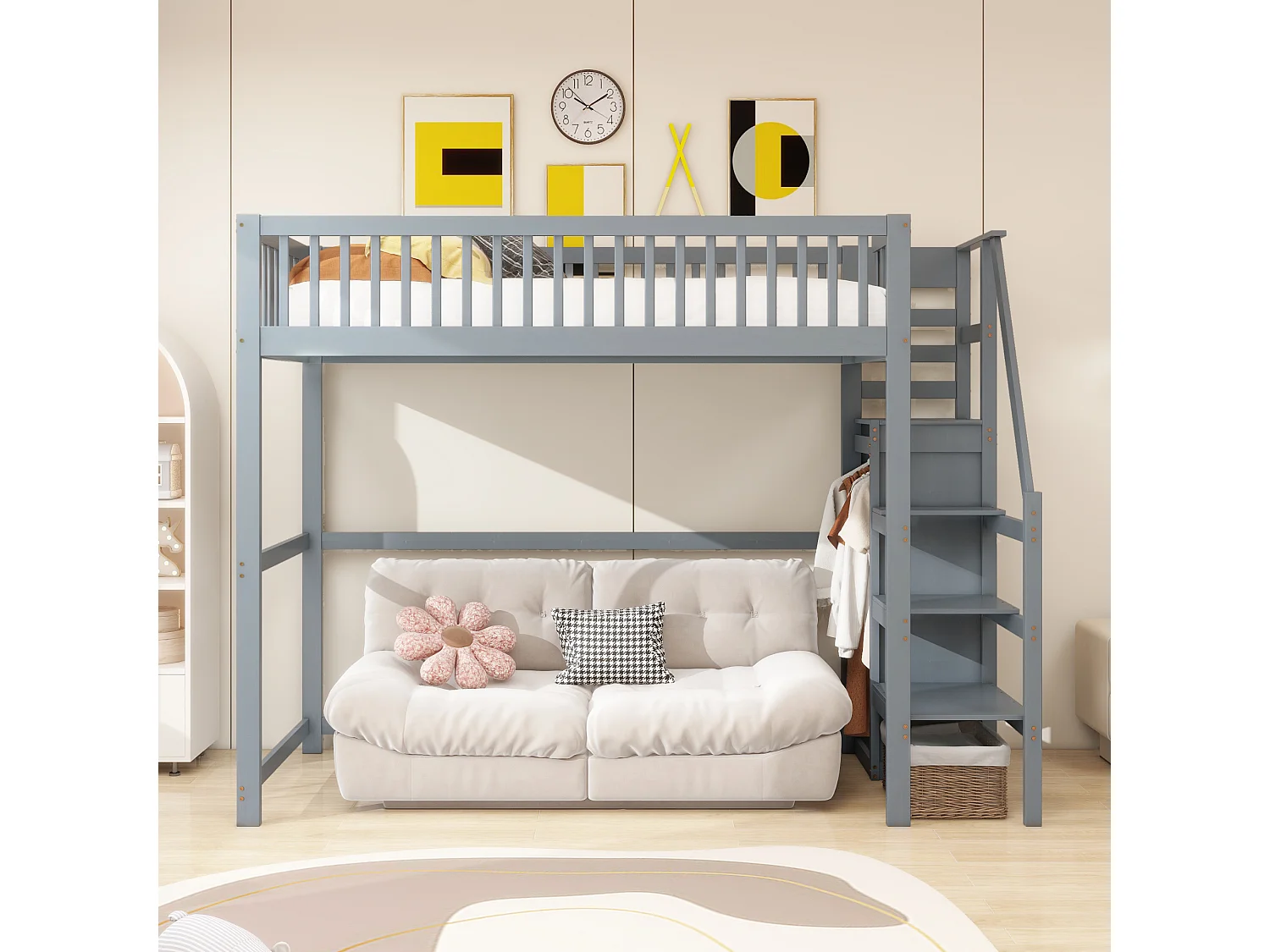 Letti a castello 2 x 90 x 200 cm con 3 cassetti e 3 ripiani portaoggetti - Pino + compensato + MDF - Colore legno naturale