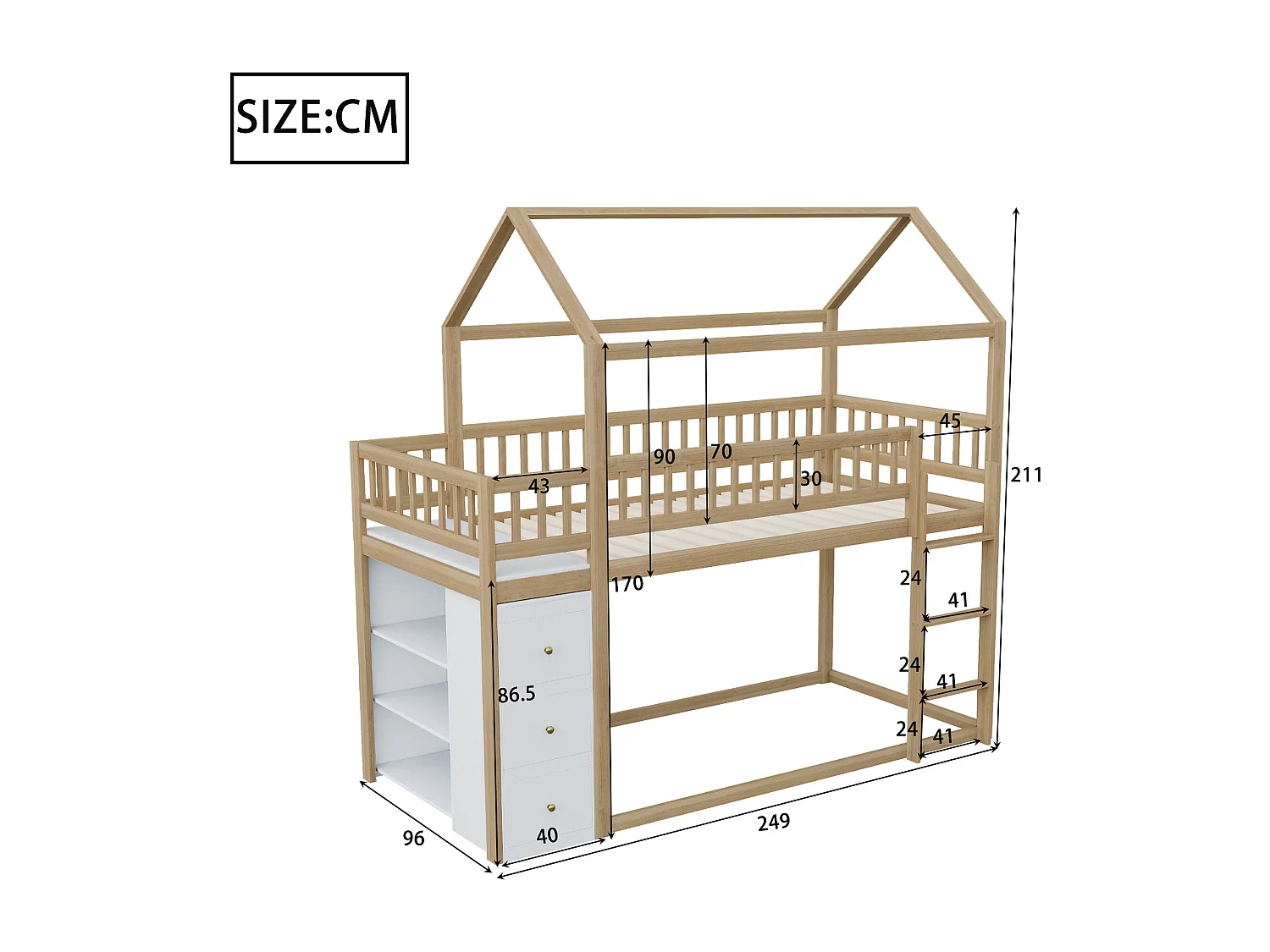 Letti a castello 2 x 90 x 200 cm con 3 cassetti e 3 ripiani portaoggetti - Pino + compensato + MDF - Colore legno naturale
