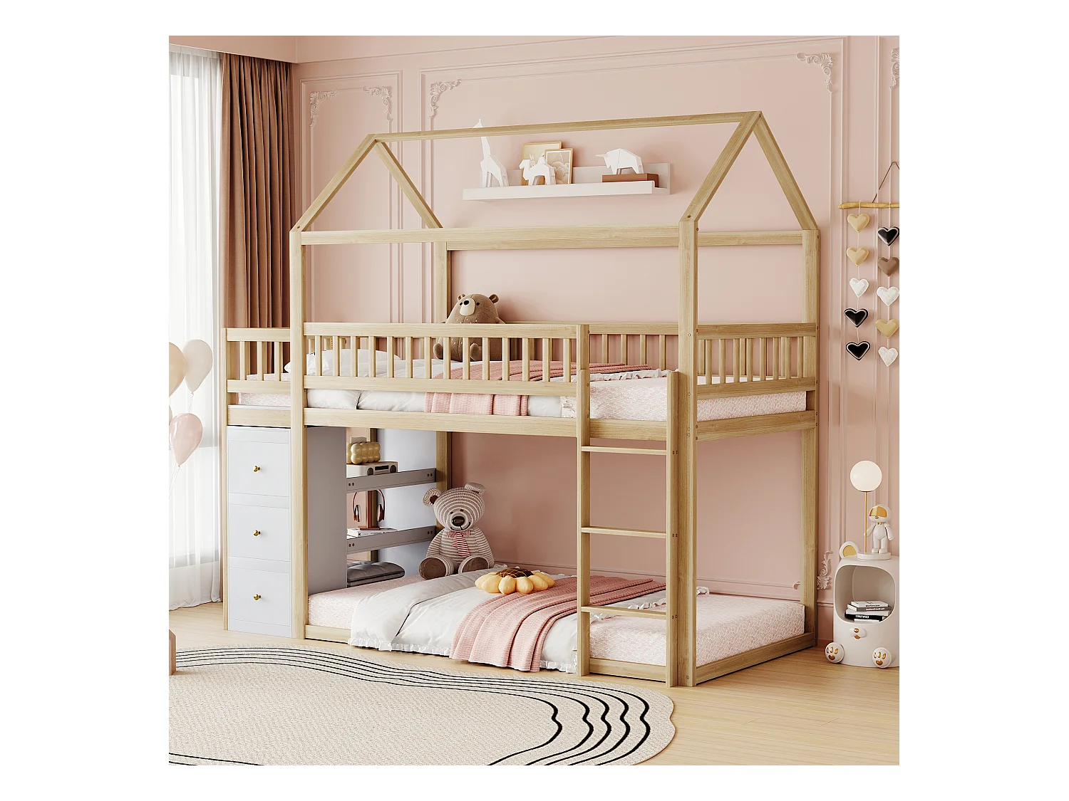 Lits superposés 2 x 90 x 200 cm avec 3 tiroirs et 3 étagères de rangement - Pin + contreplaqué + MDF - Coloris bois naturel