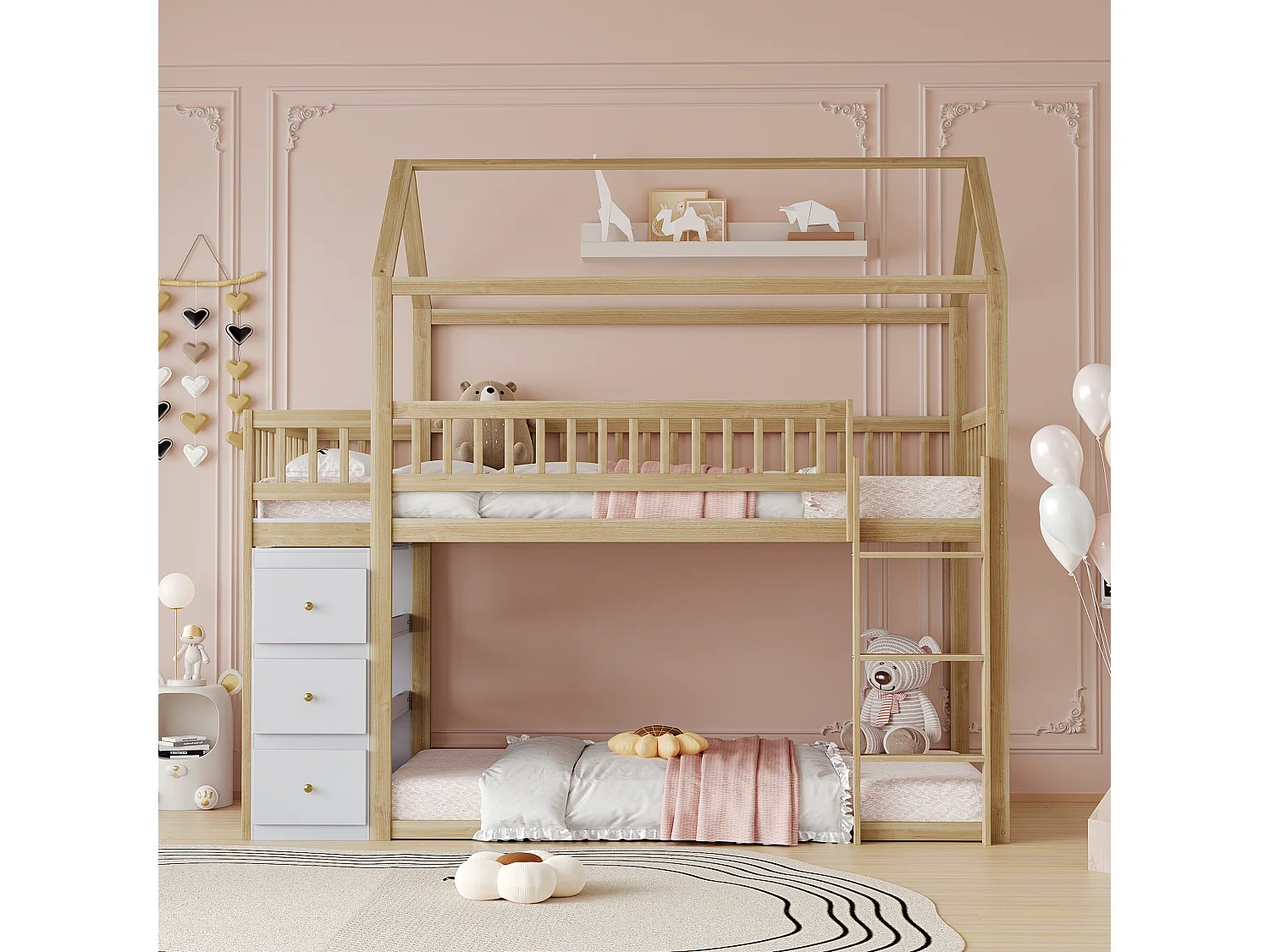 Lits superposés 2 x 90 x 200 cm avec 3 tiroirs et 3 étagères de rangement - Pin + contreplaqué + MDF - Coloris bois naturel