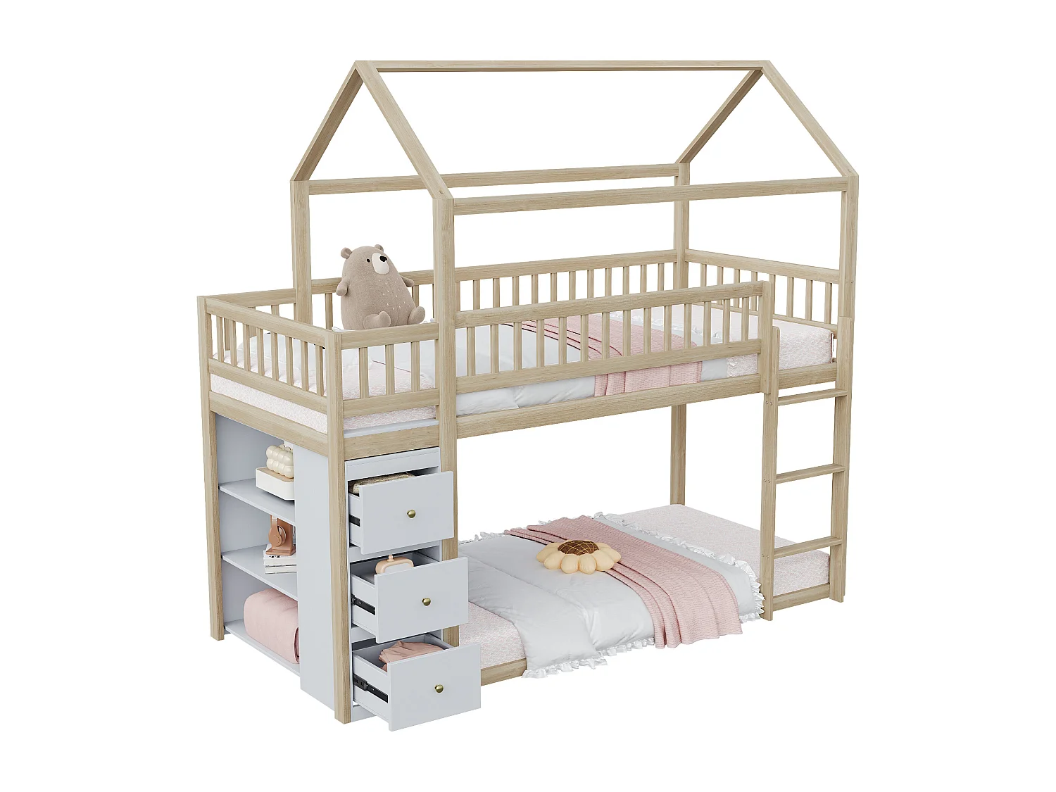 Lits superposés 2 x 90 x 200 cm avec 3 tiroirs et 3 étagères de rangement - Pin + contreplaqué + MDF - Coloris bois naturel