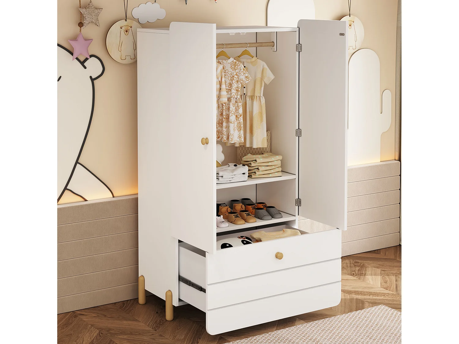 Kledingkast met 2 deuren en 1 lade - 78 x 46 x 167 cm - Grenen + multiplex + MDF - Kleur Wit