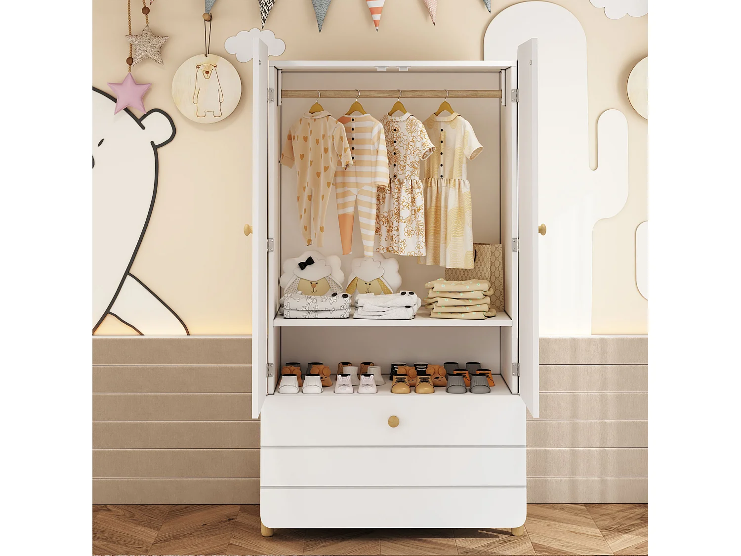 Kledingkast met 2 deuren en 1 lade - 78 x 46 x 167 cm - Grenen + multiplex + MDF - Kleur Wit