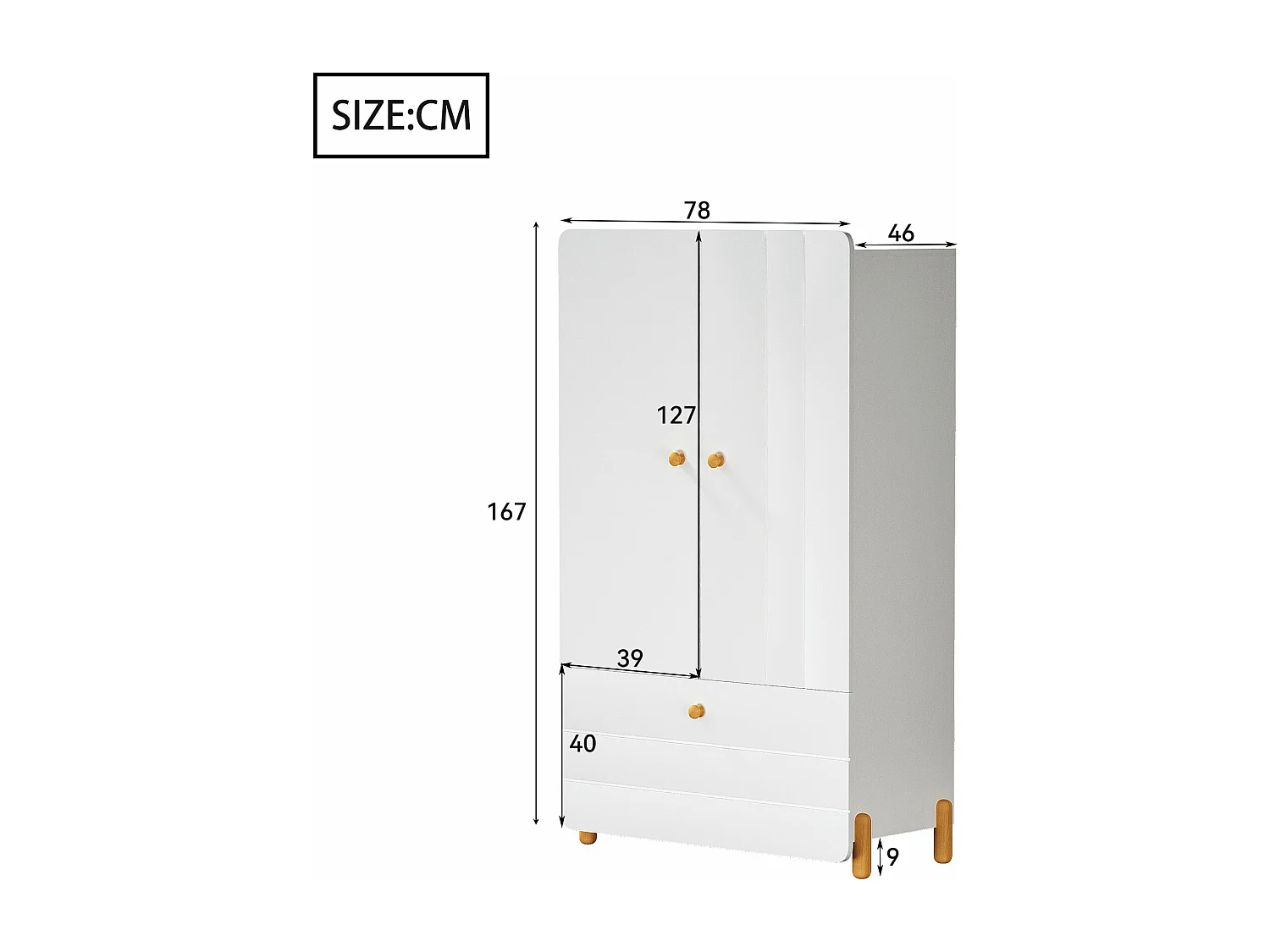 Kledingkast met 2 deuren en 1 lade - 78 x 46 x 167 cm - Grenen + multiplex + MDF - Kleur Wit