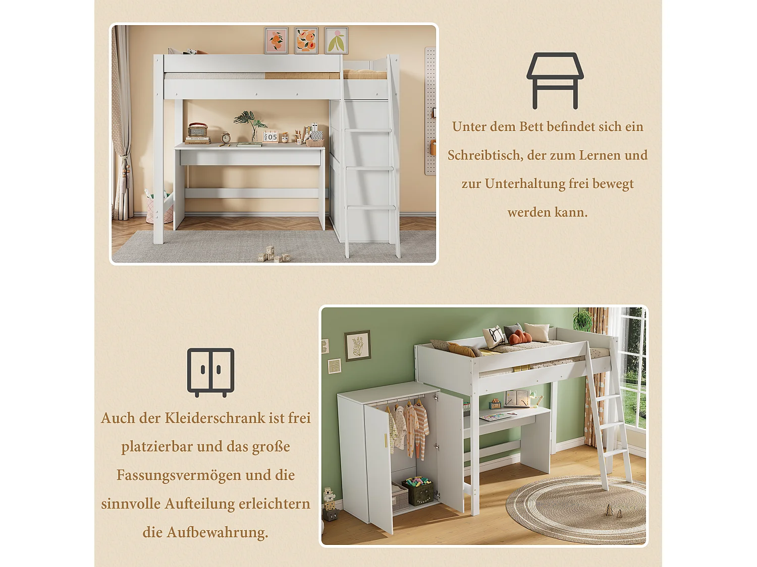 Cama entrepiso 90 x 200 cm con escritorio y gran armario - Madera maciza + MDF - Color blanco (Sin colchón)