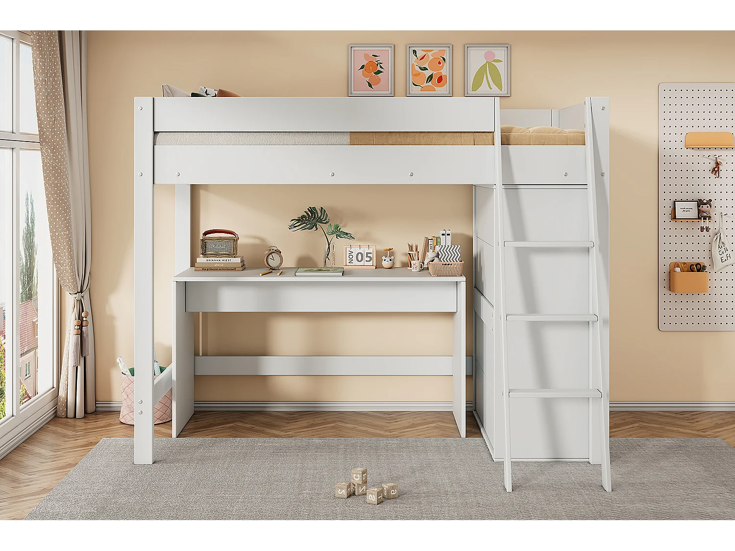 Cama entrepiso 90 x 200 cm con escritorio y gran armario - Madera maciza + MDF - Color blanco (Sin colchón)