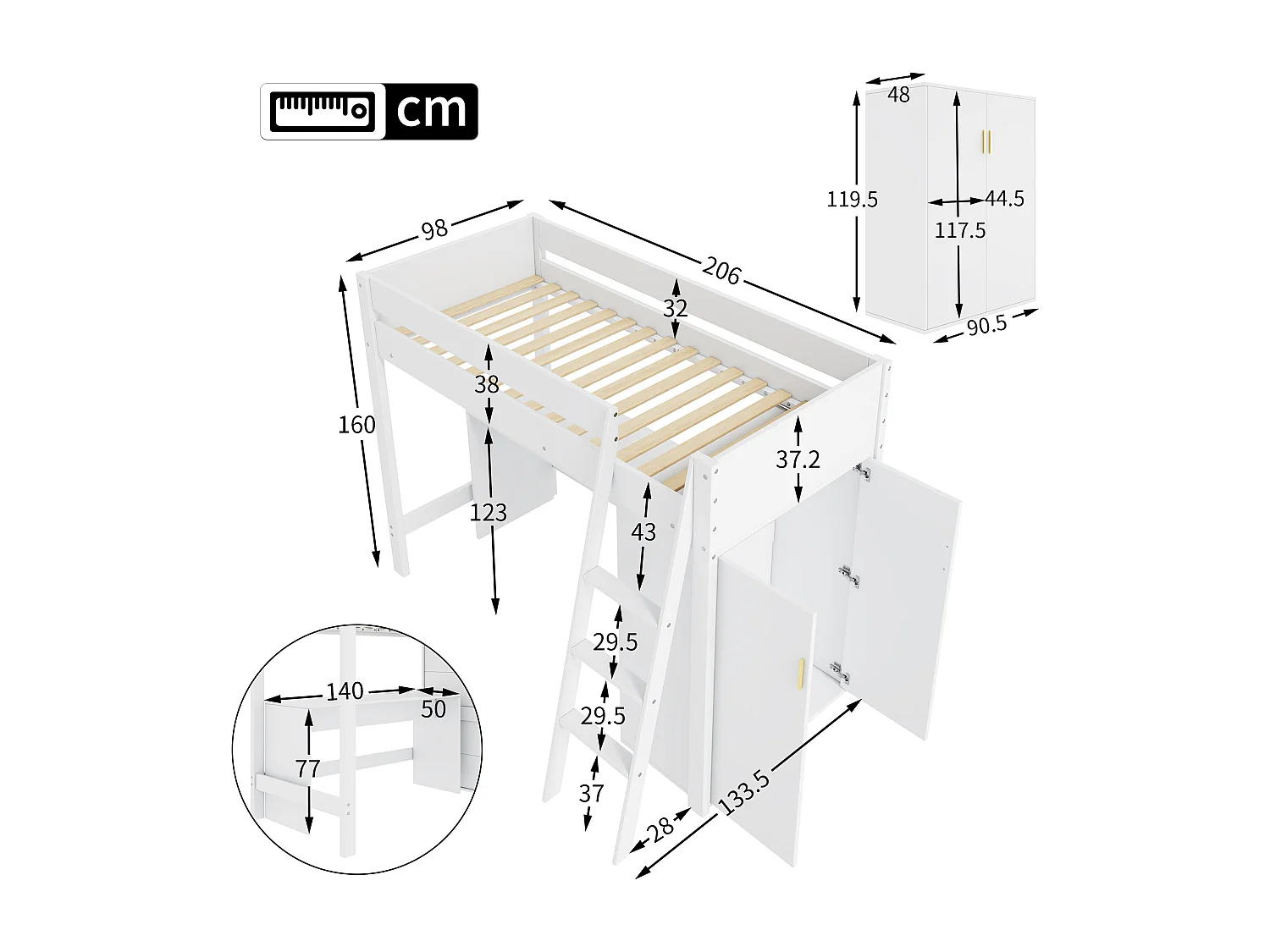 Cama entrepiso 90 x 200 cm con escritorio y gran armario - Madera maciza + MDF - Color blanco (Sin colchón)