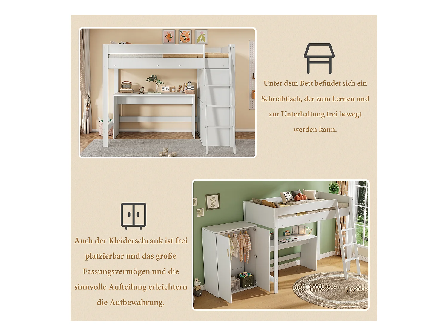 Mezzaninebed 90 x 200 cm met bureau en grote kledingkast - Massief hout + MDF - Kleur wit (zonder matras)