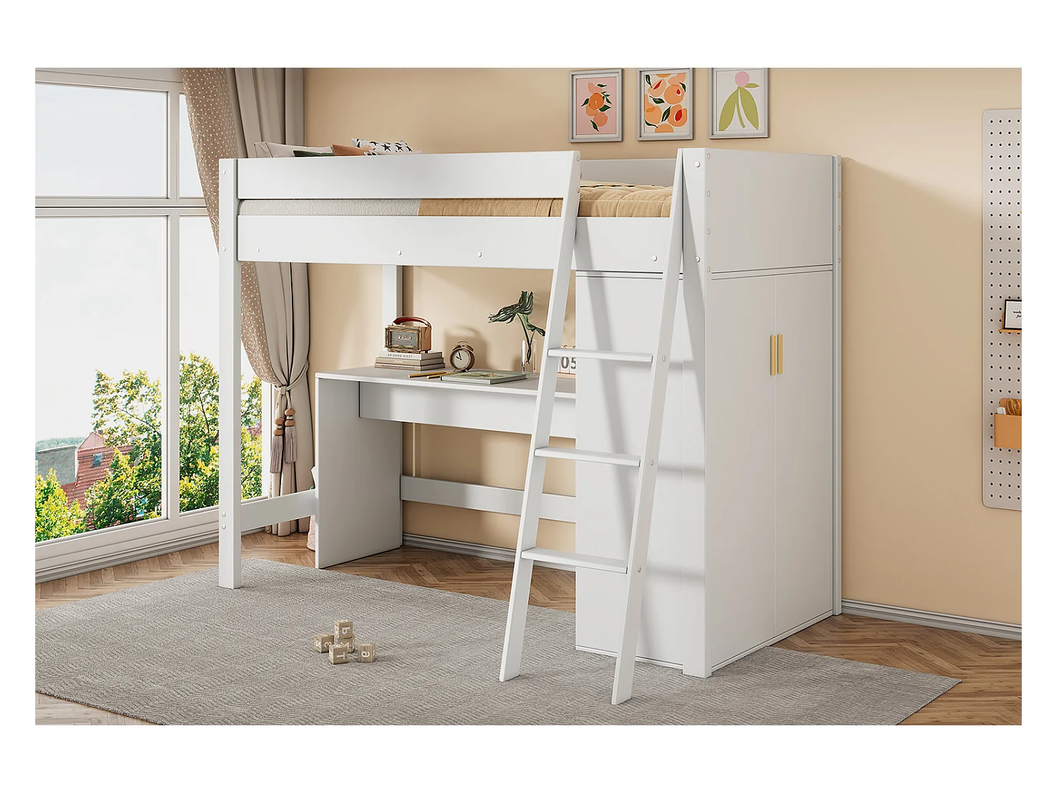 Mezzaninebed 90 x 200 cm met bureau en grote kledingkast - Massief hout + MDF - Kleur wit (zonder matras)