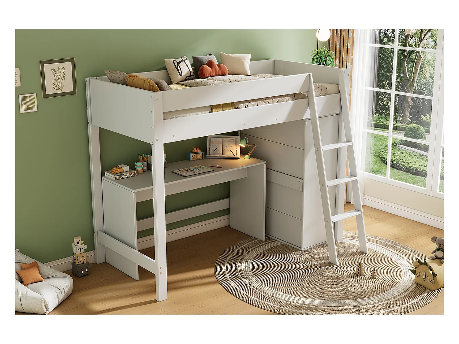 Mezzaninebed 90 x 200 cm met bureau en grote kledingkast - Massief hout + MDF - Kleur wit (zonder matras)