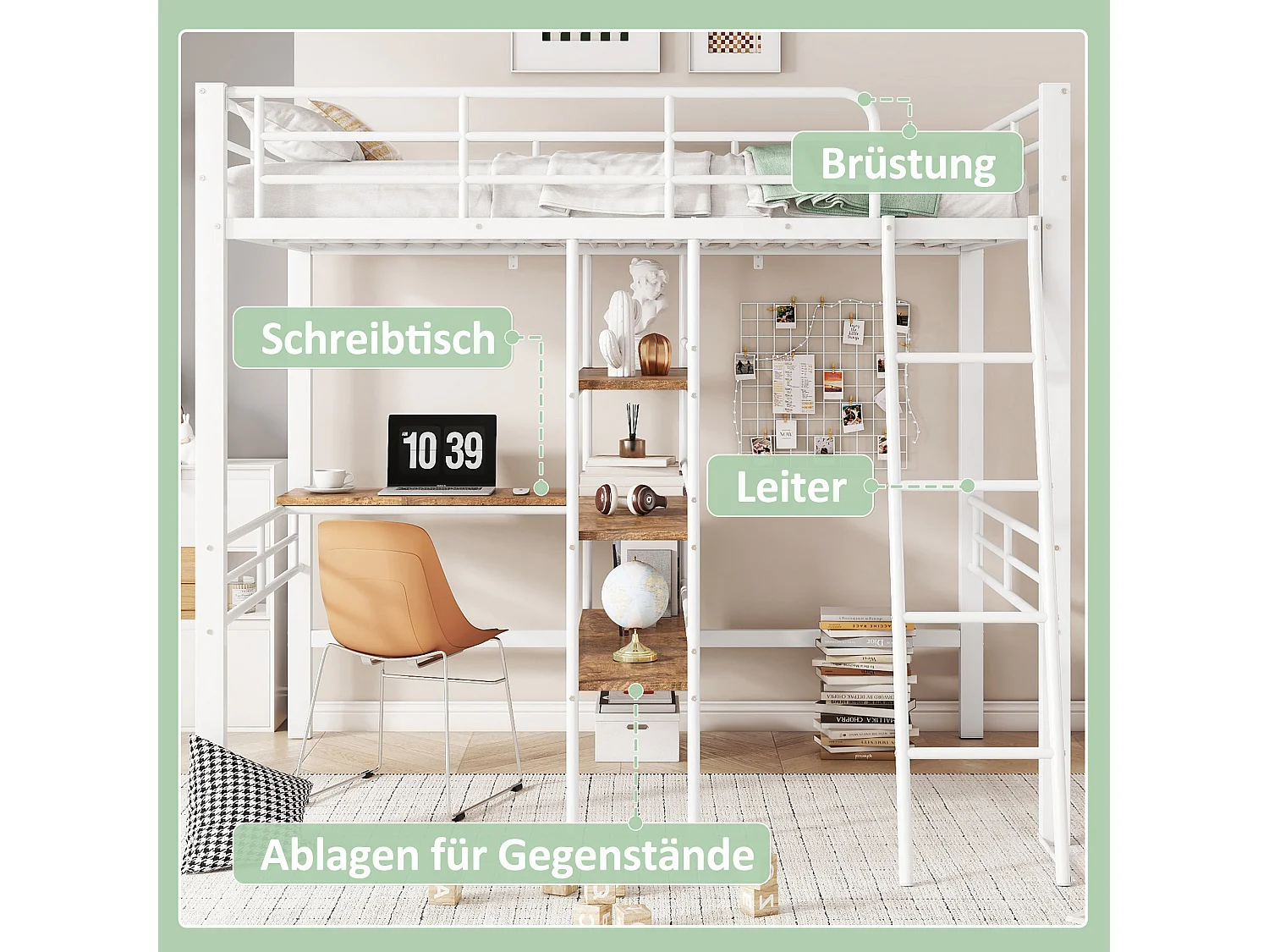 Mezzaninebed 90 x 200 cm met bureau en opbergplanken - Metaal en hout - Wit (zonder matras)