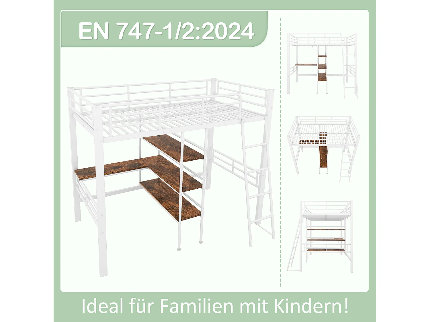 Mezzaninebed 90 x 200 cm met bureau en opbergplanken - Metaal en hout - Wit (zonder matras)