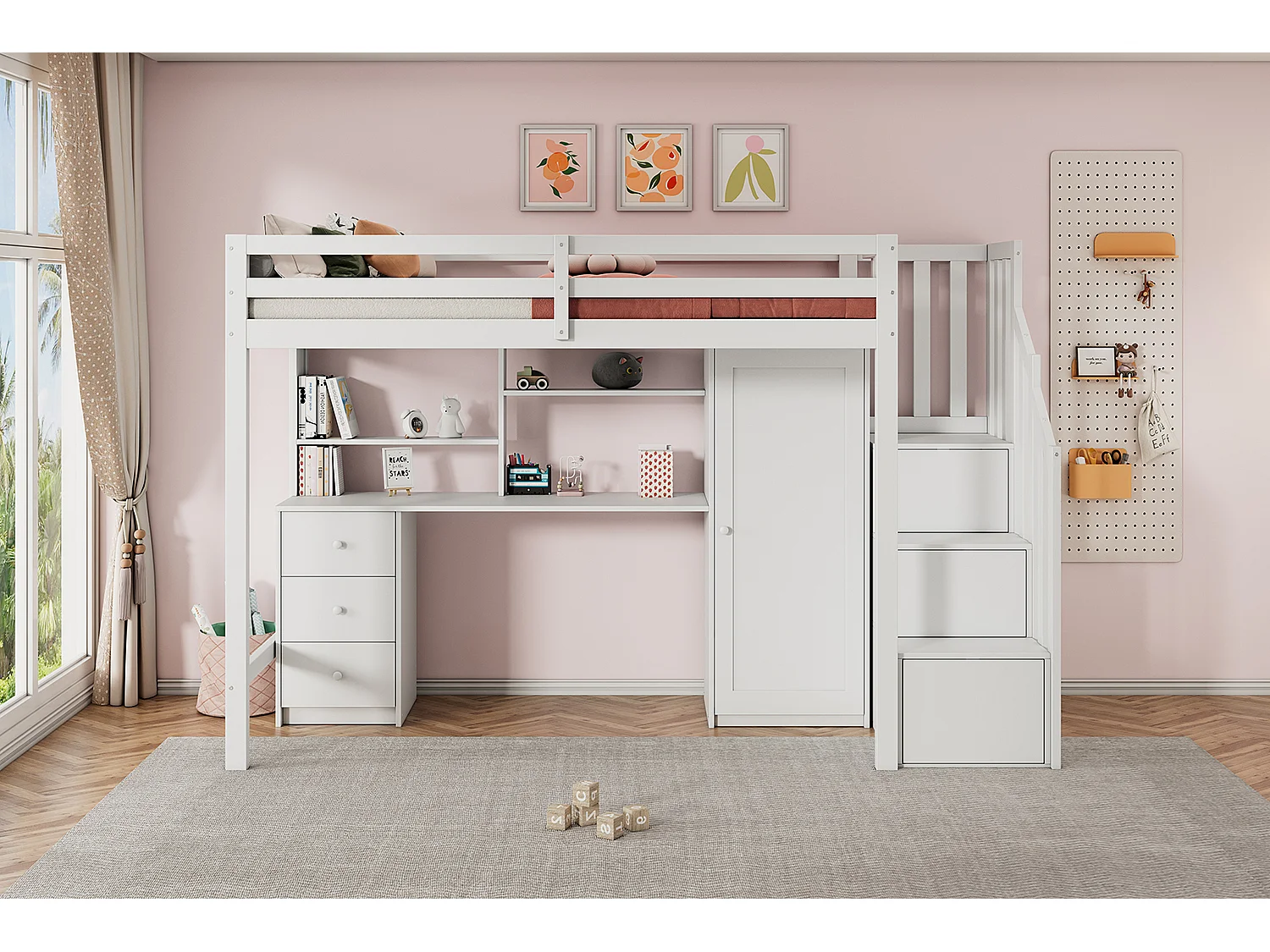 Lit mezzanine 90 x 200 cm avec bureau, 6 tiroirs et armoire - Bois massif + MDF - Coloris Blanc (Sans matelas)