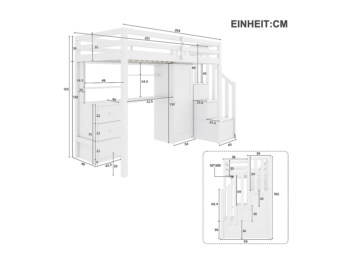 Lit mezzanine 90 x 200 cm avec bureau, 6 tiroirs et armoire - Bois massif + MDF - Coloris Blanc (Sans matelas)