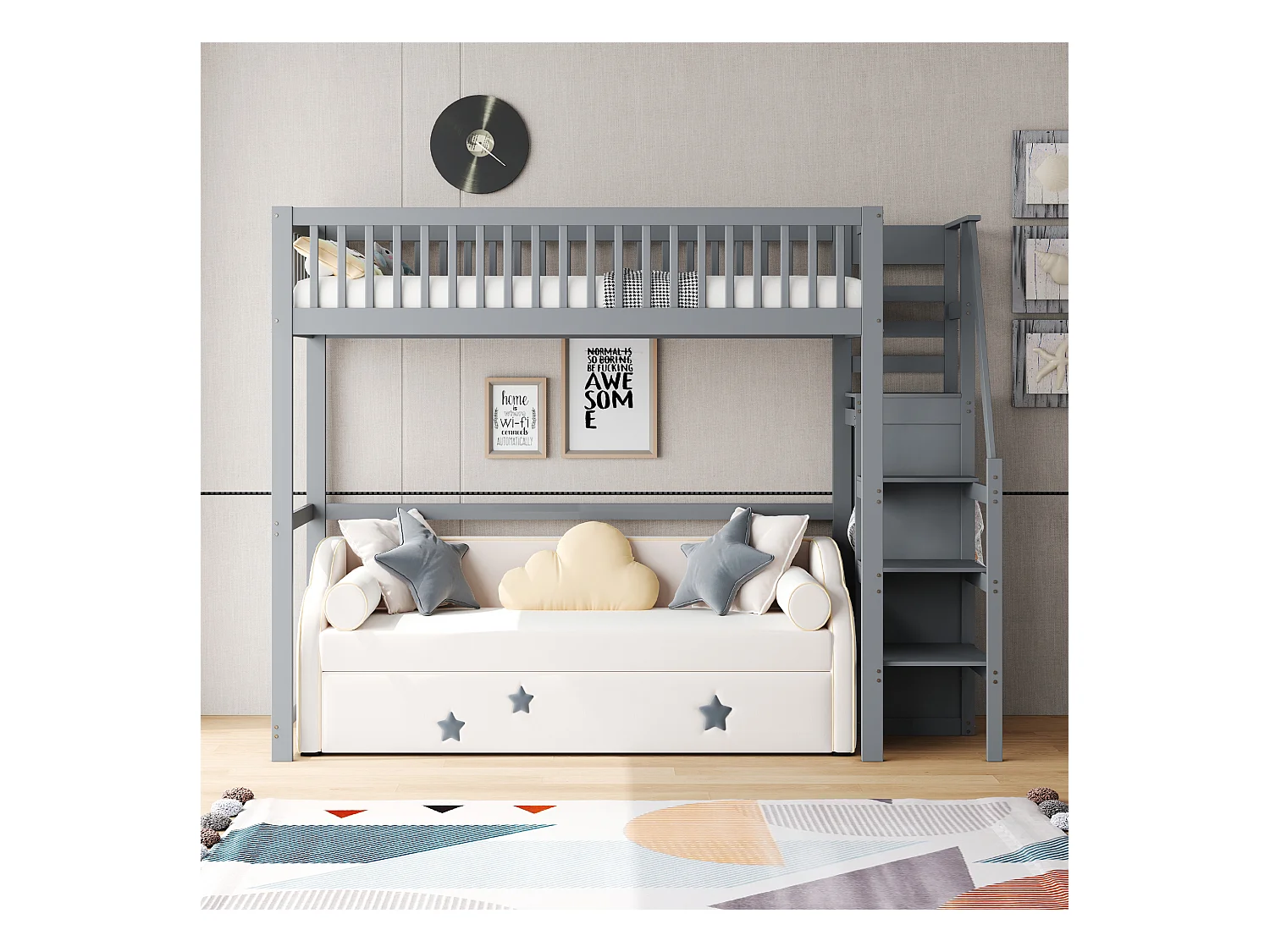 Lit mezzanine 90 x 200 cm avec armoire et escalier - Bois massif + contreplaqué + MDF - Gris (Sans matelas)