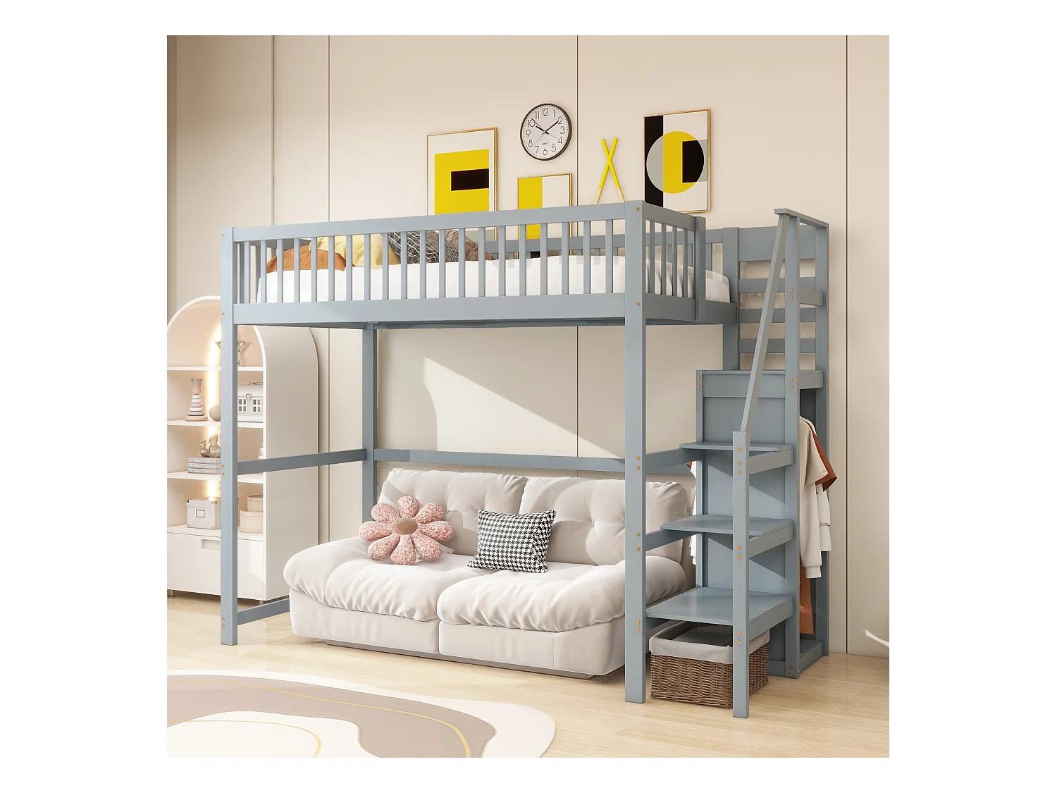 Lit mezzanine 90 x 200 cm avec armoire et escalier - Bois massif + contreplaqué + MDF - Gris (Sans matelas)