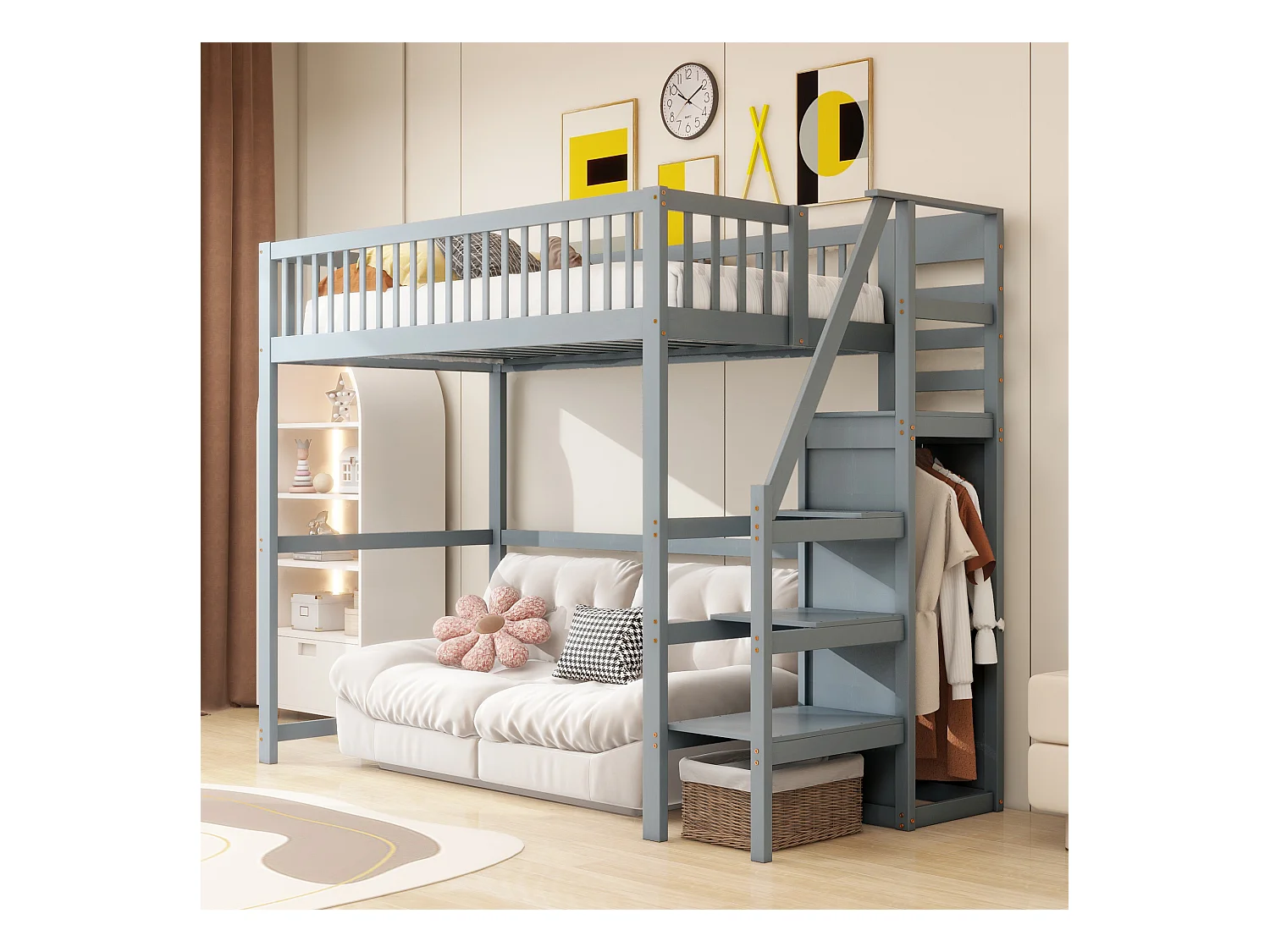 Lit mezzanine 90 x 200 cm avec armoire et escalier - Bois massif + contreplaqué + MDF - Gris (Sans matelas)