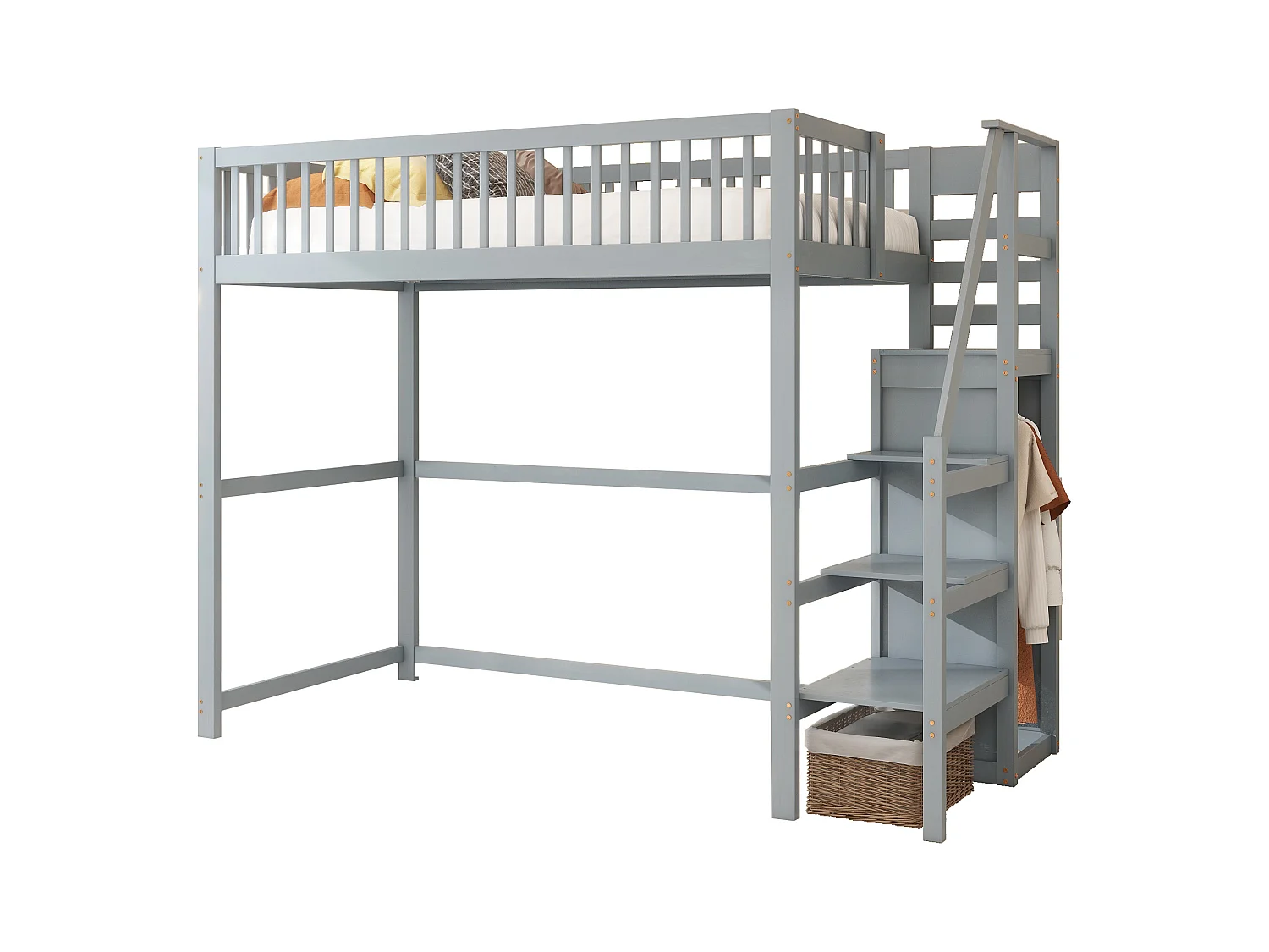 Lit mezzanine 90 x 200 cm avec armoire et escalier - Bois massif + contreplaqué + MDF - Gris (Sans matelas)