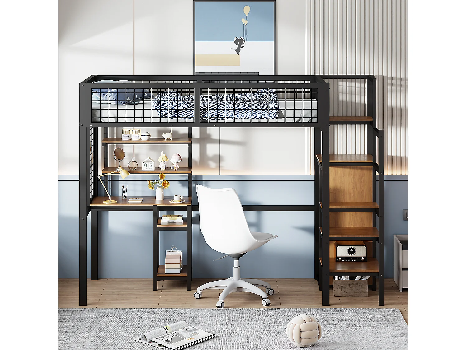 Hoogslaper 90 x 200 cm met kledingkast, trap, bureau, opbergplanken, alles-in-één - metalen frame - zwart