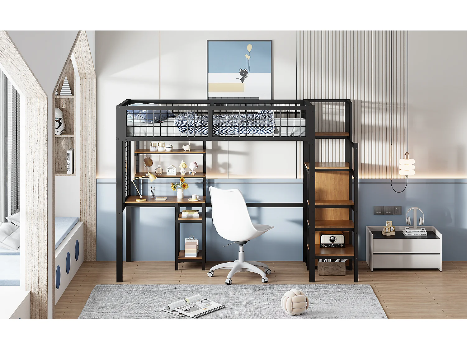 Hoogslaper 90 x 200 cm met kledingkast, trap, bureau, opbergplanken, alles-in-één - metalen frame - zwart