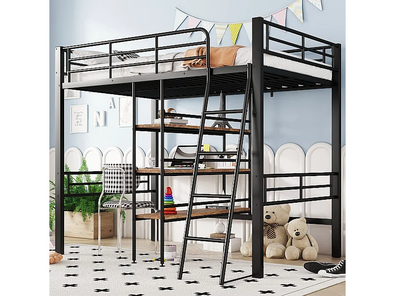 Cama alta 90 x 200 cm com secretária e prateleiras de arrumação - Metal e madeira - Preto (Sem colchão)