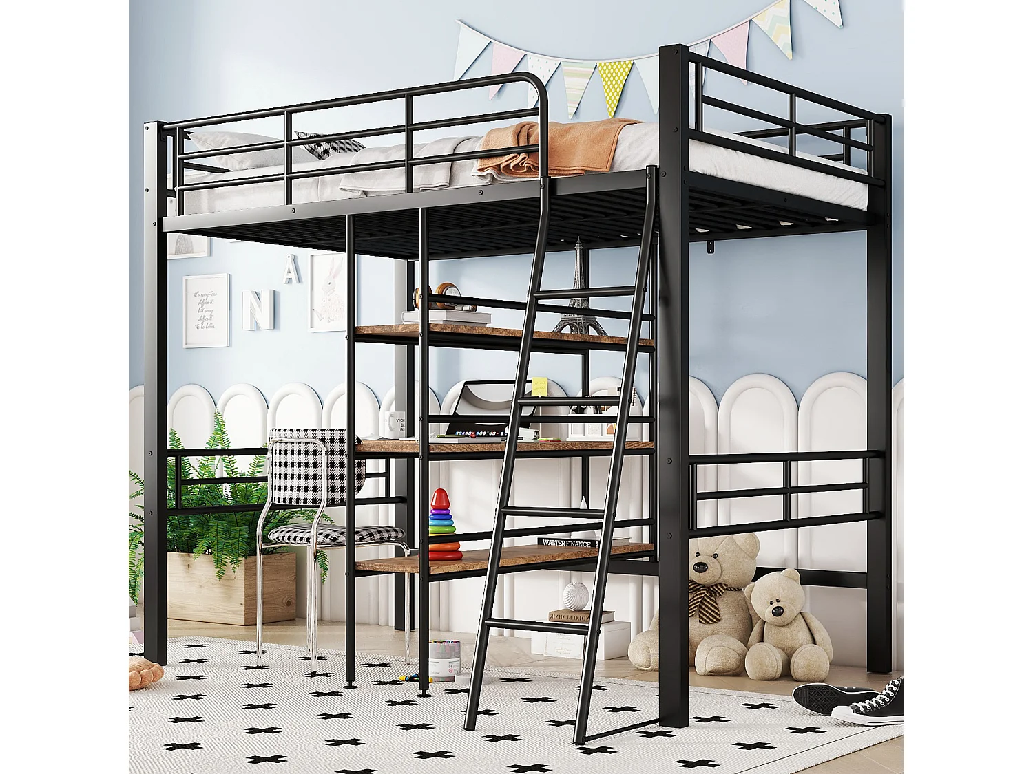 Hochbett 90 x 200 cm mit Schreibtisch und Ablagen – Metall und Holz – Schwarz (Ohne Matratze)