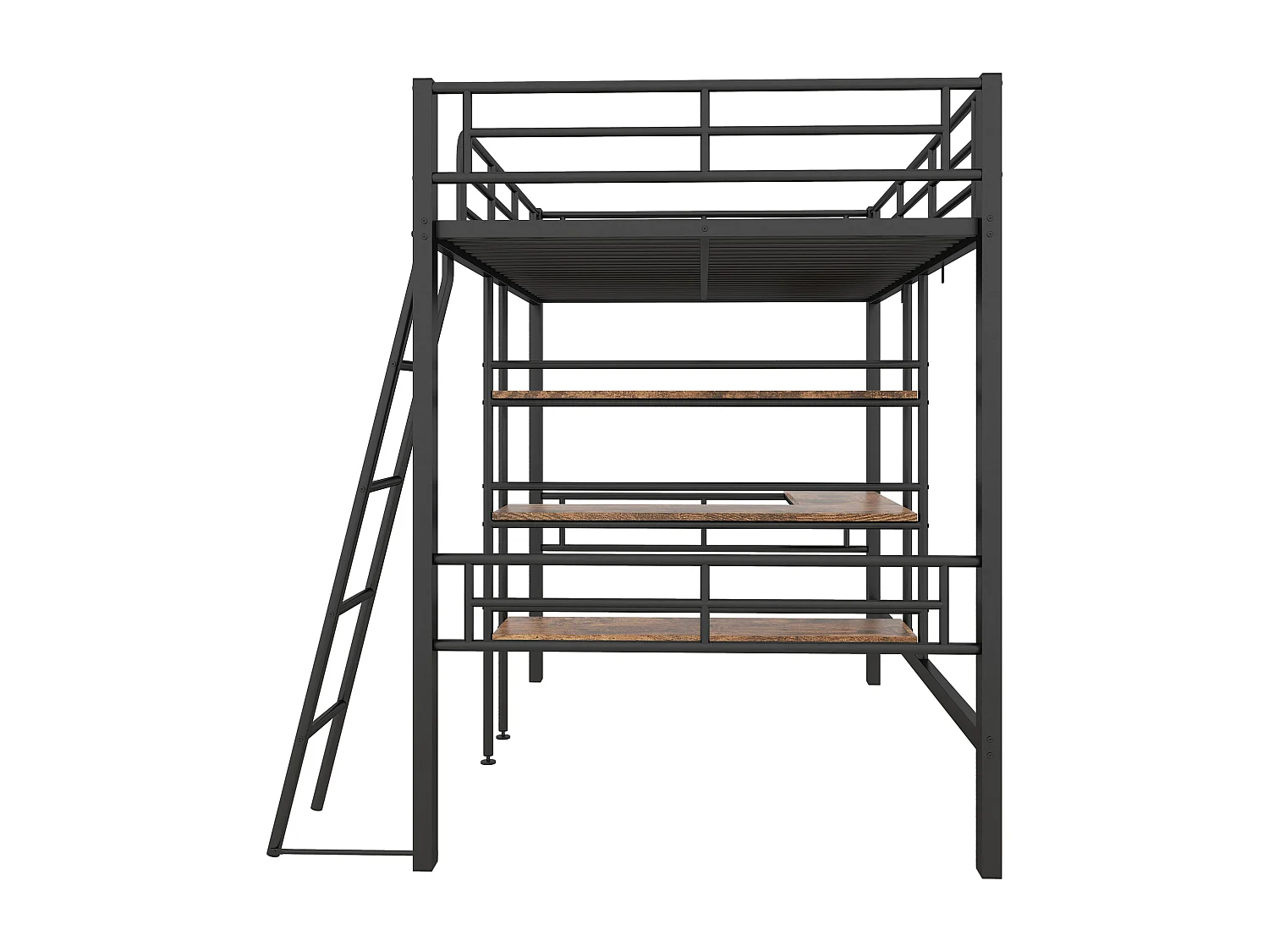 Hochbett 90 x 200 cm mit Schreibtisch und Ablagen – Metall und Holz – Schwarz (Ohne Matratze)