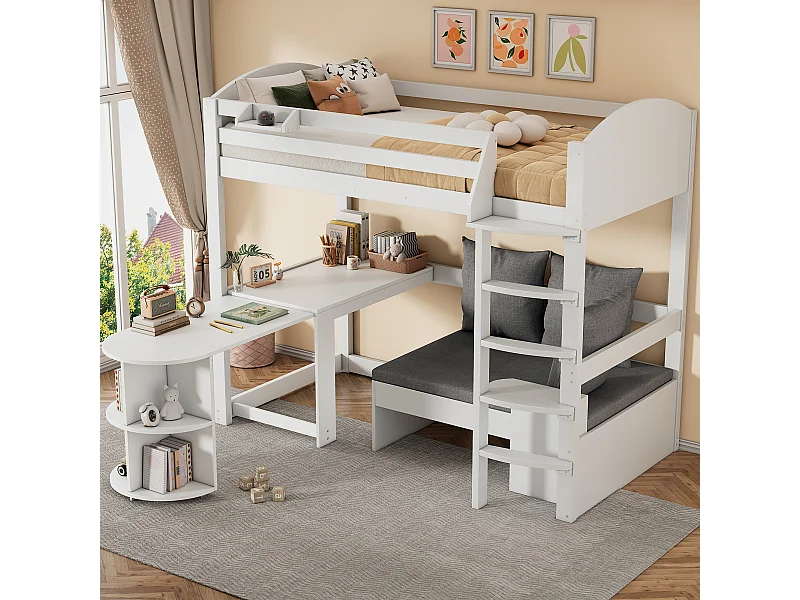 Lit mezzanine 90 x 200 cm avec table extensible, canapé et 3 oreillers, coussins - Bois massif + MDF - Blanc (Sans matelas)