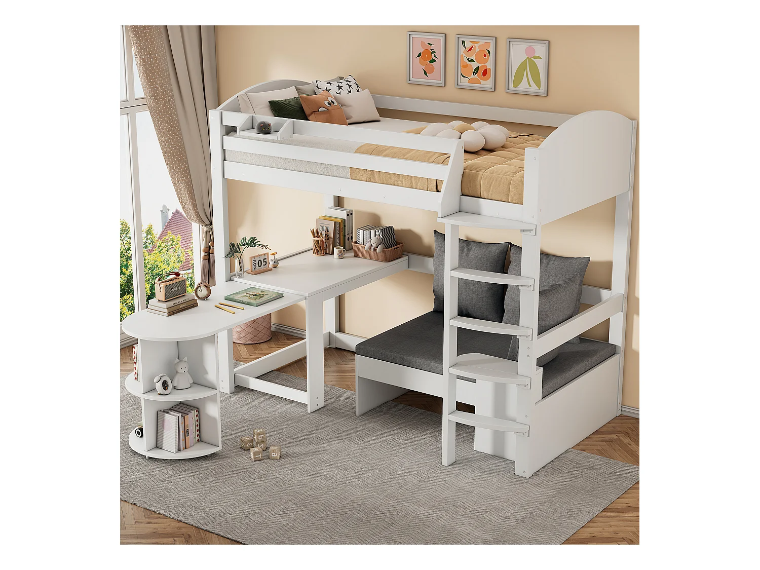 Lit mezzanine 90 x 200 cm avec table extensible, canapé et 3 oreillers, coussins - Bois massif + MDF - Blanc (Sans matelas)