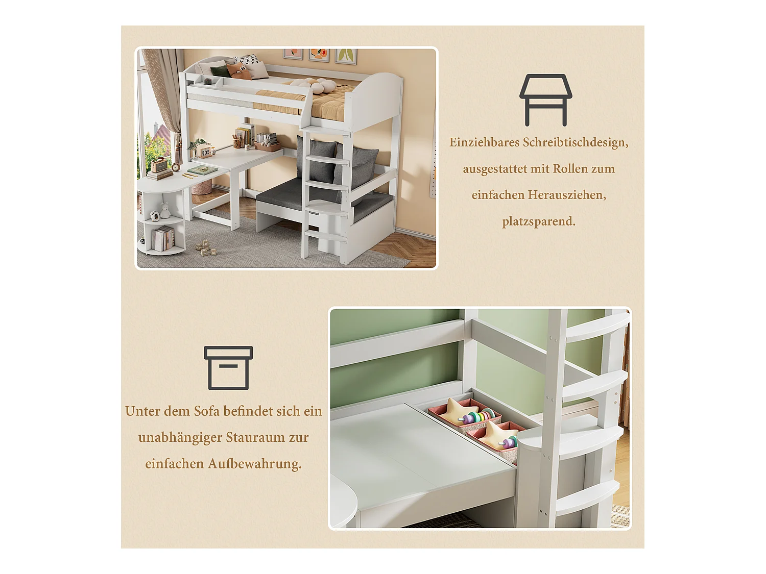 Lit mezzanine 90 x 200 cm avec table extensible, canapé et 3 oreillers, coussins - Bois massif + MDF - Blanc (Sans matelas)