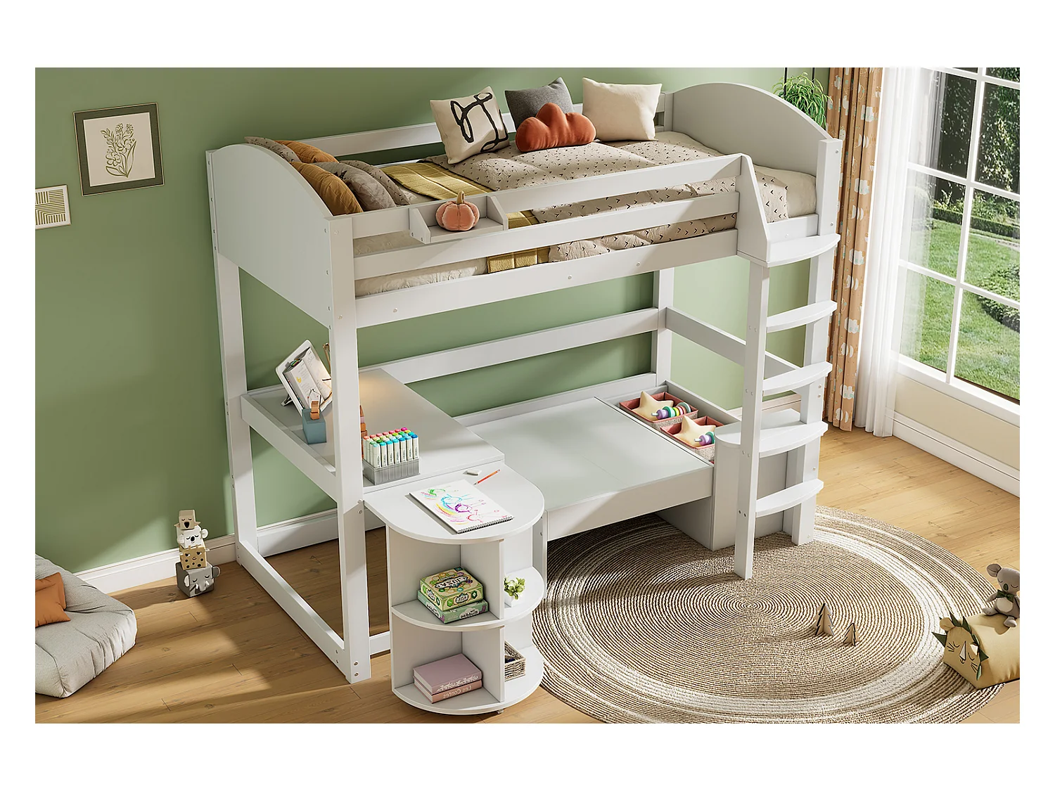 Lit mezzanine 90 x 200 cm avec table extensible, canapé et 3 oreillers, coussins - Bois massif + MDF - Blanc (Sans matelas)