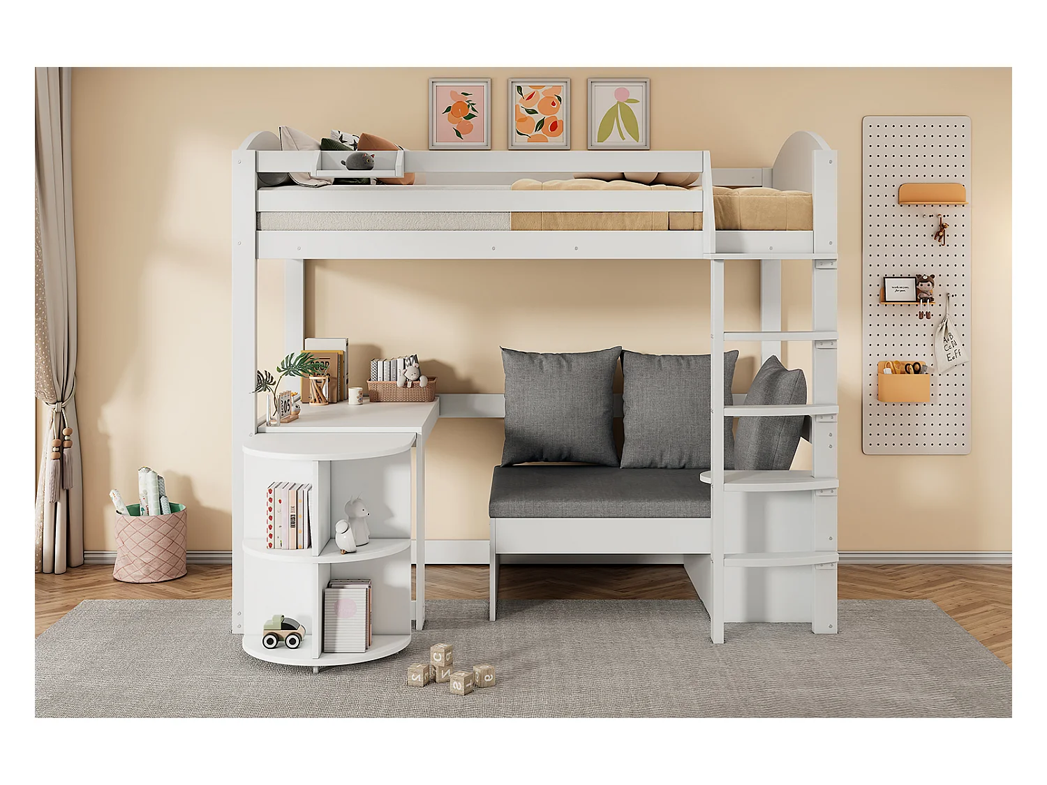 Lit mezzanine 90 x 200 cm avec table extensible, canapé et 3 oreillers, coussins - Bois massif + MDF - Blanc (Sans matelas)