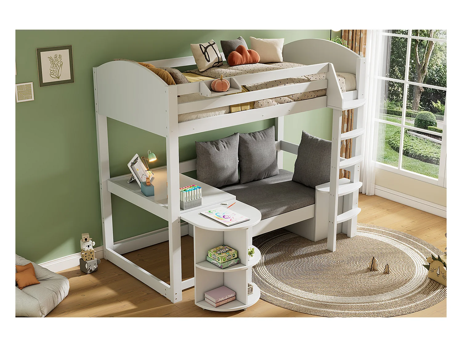 Lit mezzanine 90 x 200 cm avec table extensible, canapé et 3 oreillers, coussins - Bois massif + MDF - Blanc (Sans matelas)