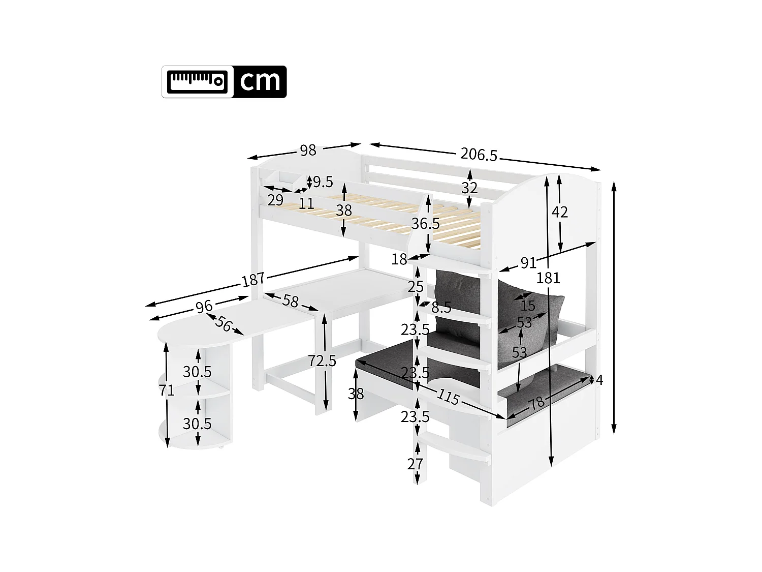 Lit mezzanine 90 x 200 cm avec table extensible, canapé et 3 oreillers, coussins - Bois massif + MDF - Blanc (Sans matelas)