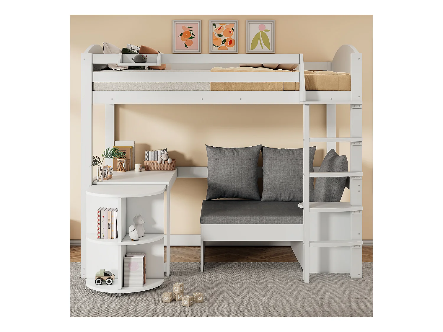 Lit mezzanine 90 x 200 cm avec table extensible, canapé et 3 oreillers, coussins - Bois massif + MDF - Blanc (Sans matelas)