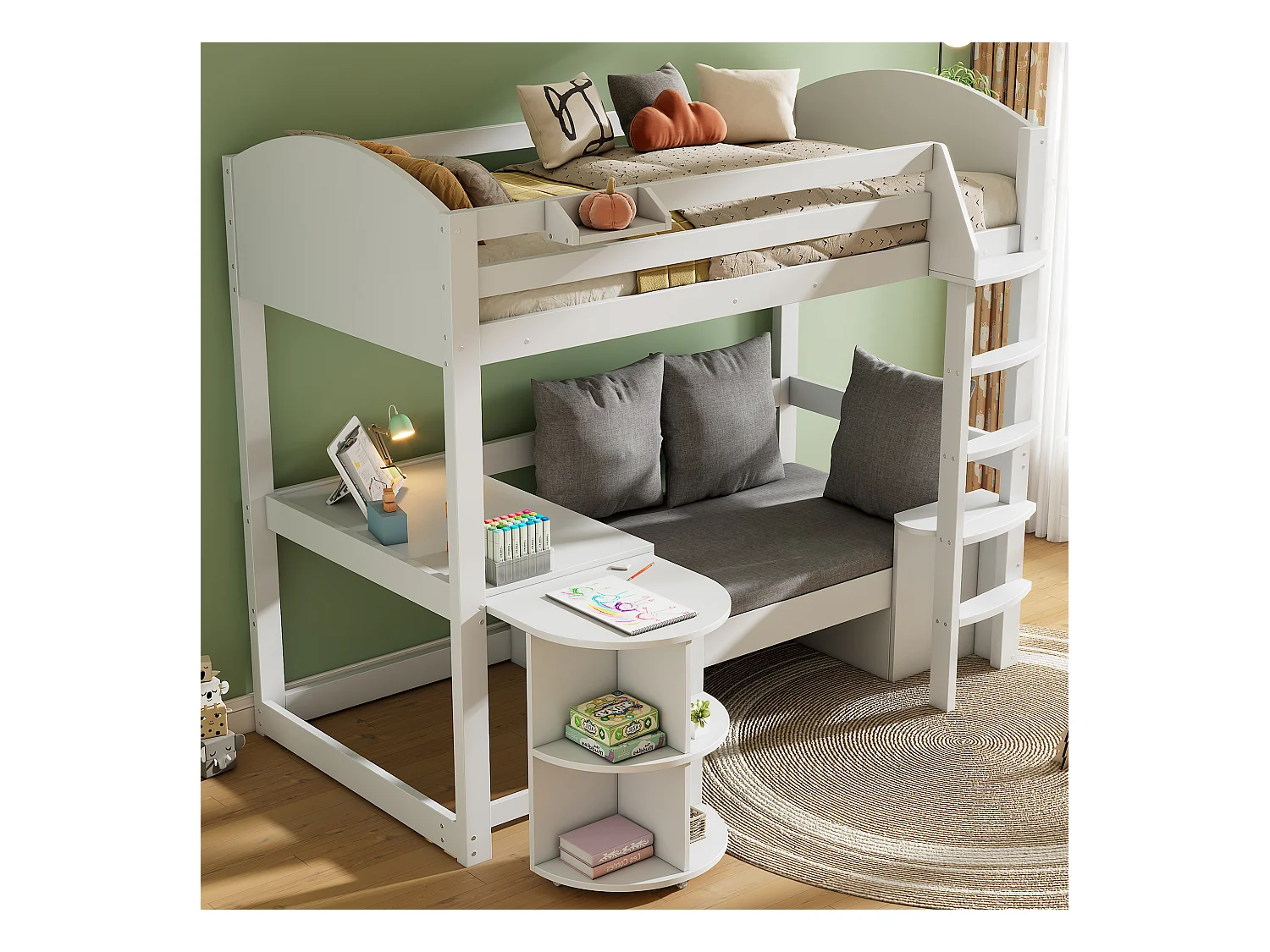 Lit mezzanine 90 x 200 cm avec table extensible, canapé et 3 oreillers, coussins - Bois massif + MDF - Blanc (Sans matelas)