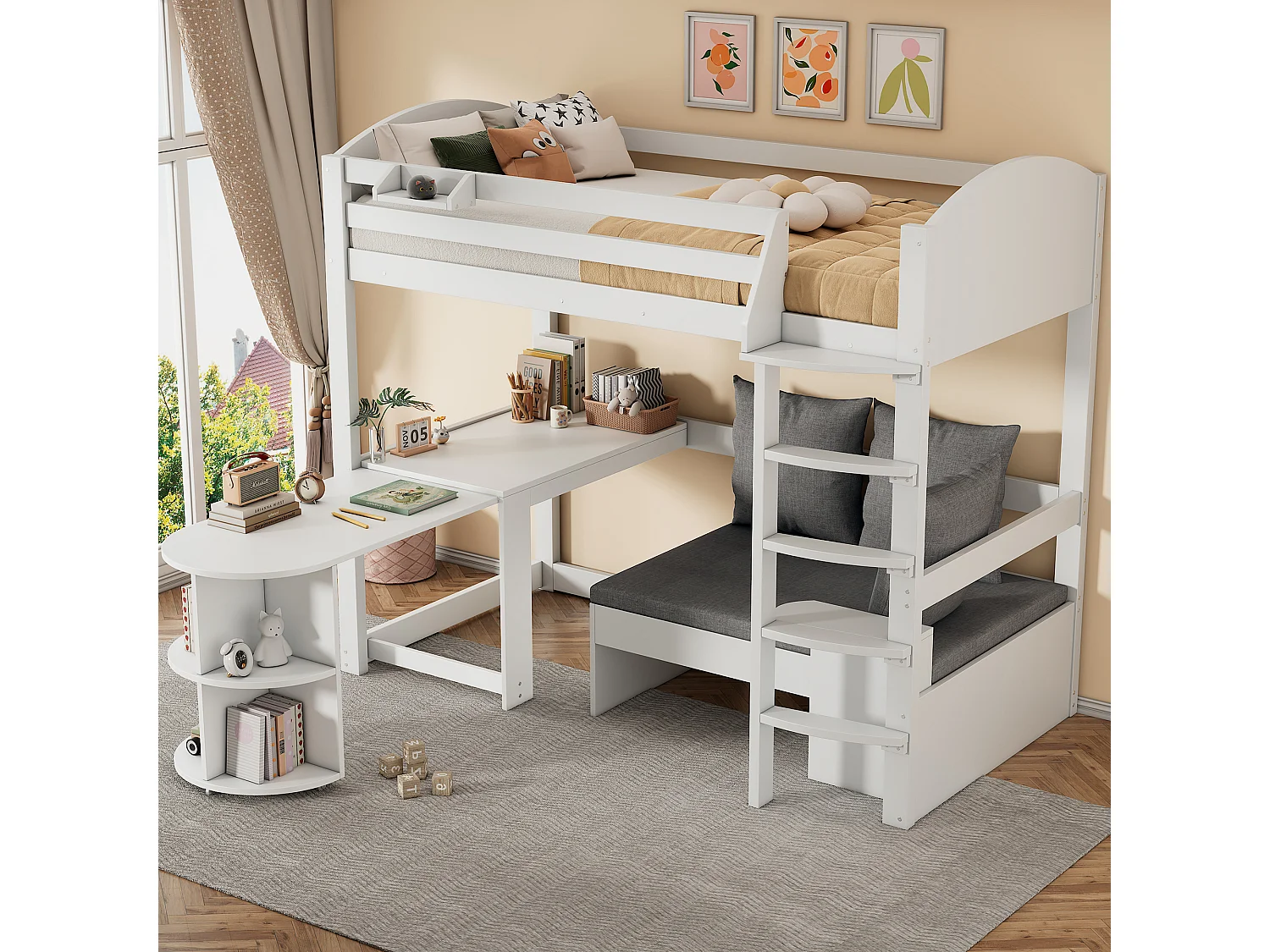 Cama alta 90 x 200 cm con mesa extensible, sofá y 3 almohadas, cojines - Madera maciza + MDF - Blanco (Sin colchón)