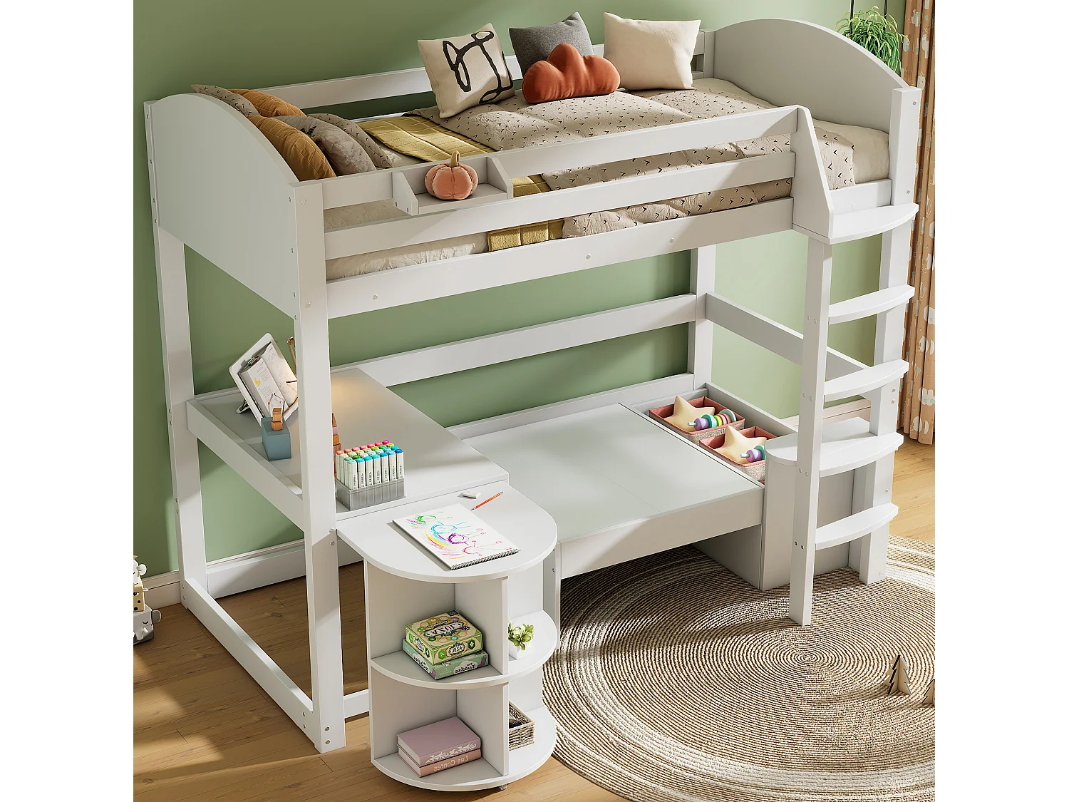 Cama alta 90 x 200 cm con mesa extensible, sofá y 3 almohadas, cojines - Madera maciza + MDF - Blanco (Sin colchón)