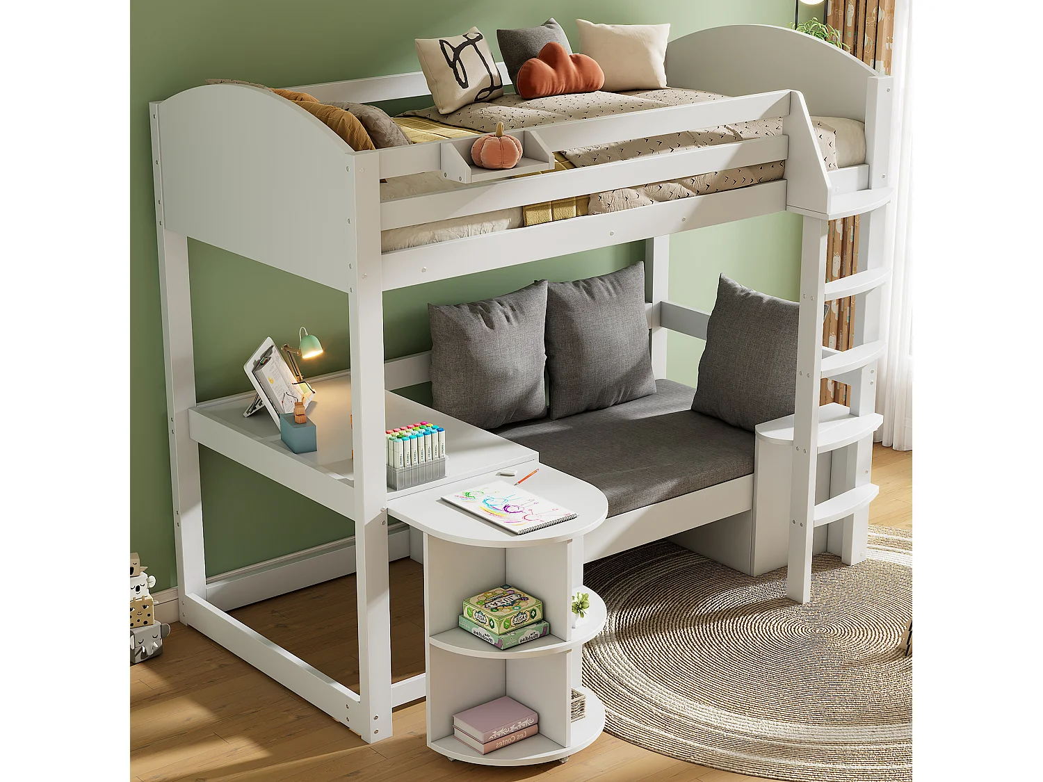 Cama alta 90 x 200 cm con mesa extensible, sofá y 3 almohadas, cojines - Madera maciza + MDF - Blanco (Sin colchón)