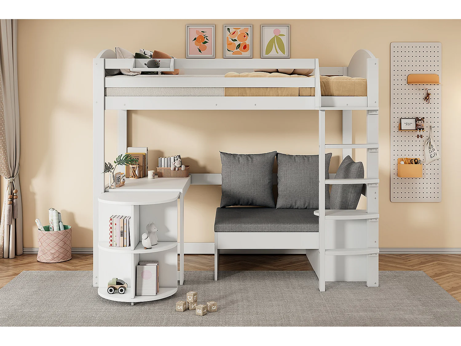 Cama alta 90 x 200 cm con mesa extensible, sofá y 3 almohadas, cojines - Madera maciza + MDF - Blanco (Sin colchón)