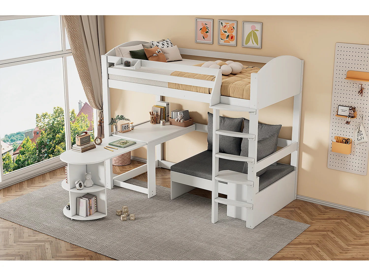 Cama alta 90 x 200 cm con mesa extensible, sofá y 3 almohadas, cojines - Madera maciza + MDF - Blanco (Sin colchón)