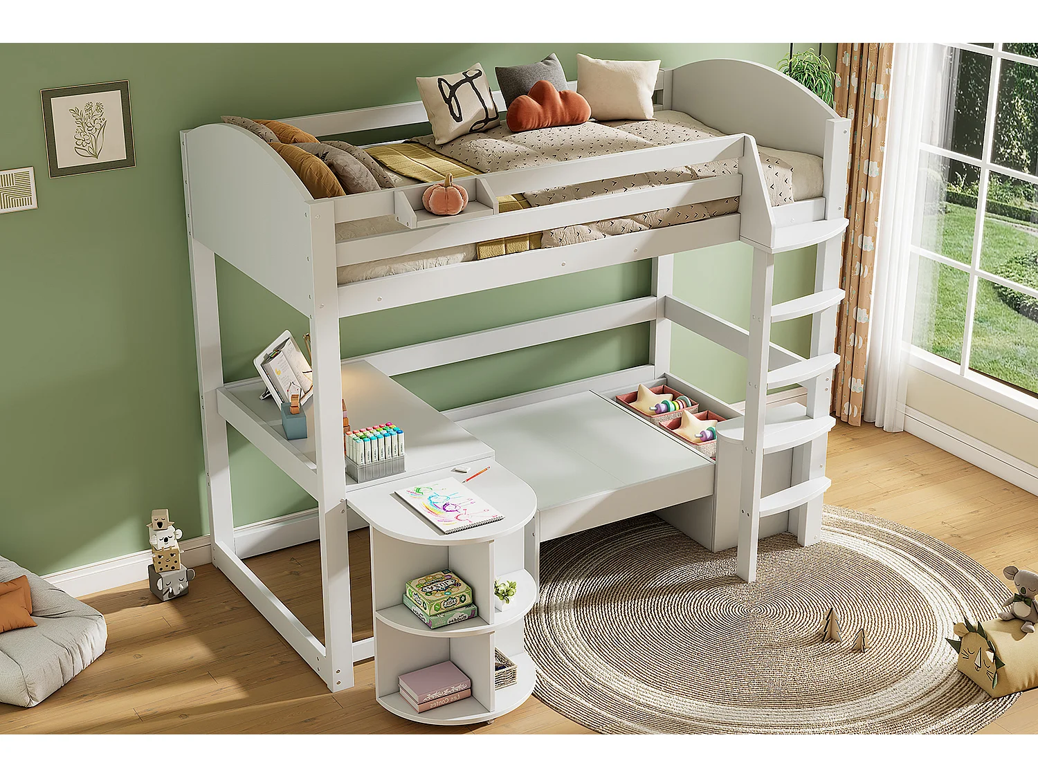 Cama alta 90 x 200 cm con mesa extensible, sofá y 3 almohadas, cojines - Madera maciza + MDF - Blanco (Sin colchón)